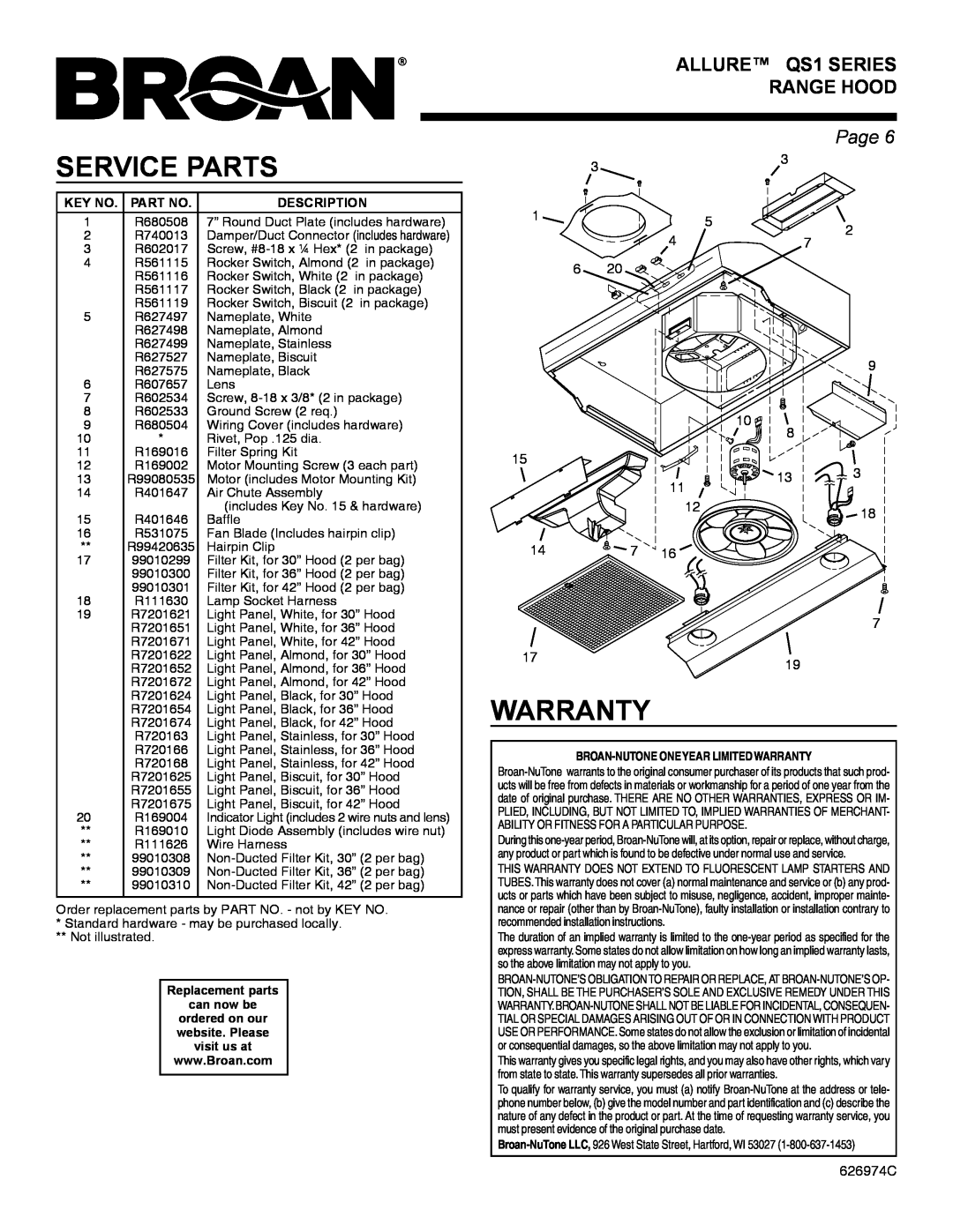 Broan warranty Service Parts, Warranty, ALLURE QS1 SERIES RANGE HOOD, Page 