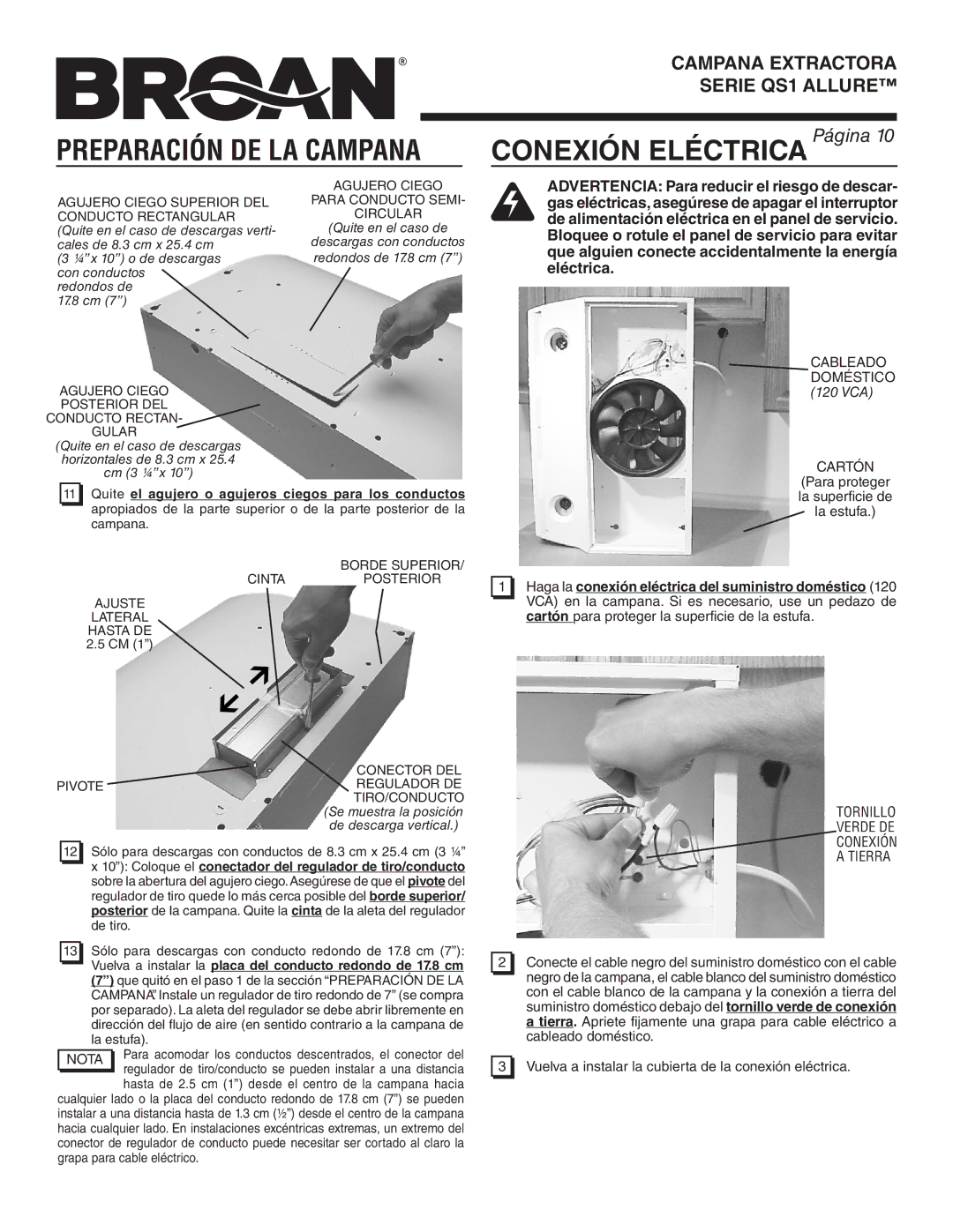 Broan QS130BC warranty Nota, Cableado Doméstico 120 VCA Cartón, Tornillo Verde DE Conexión Tierra 