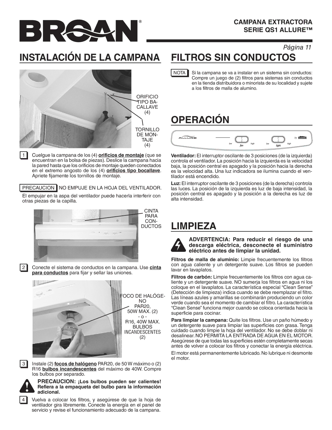 Broan QS130BC warranty Instalación DE LA Campana Filtros SIN Conductos, Operación, Limpieza 