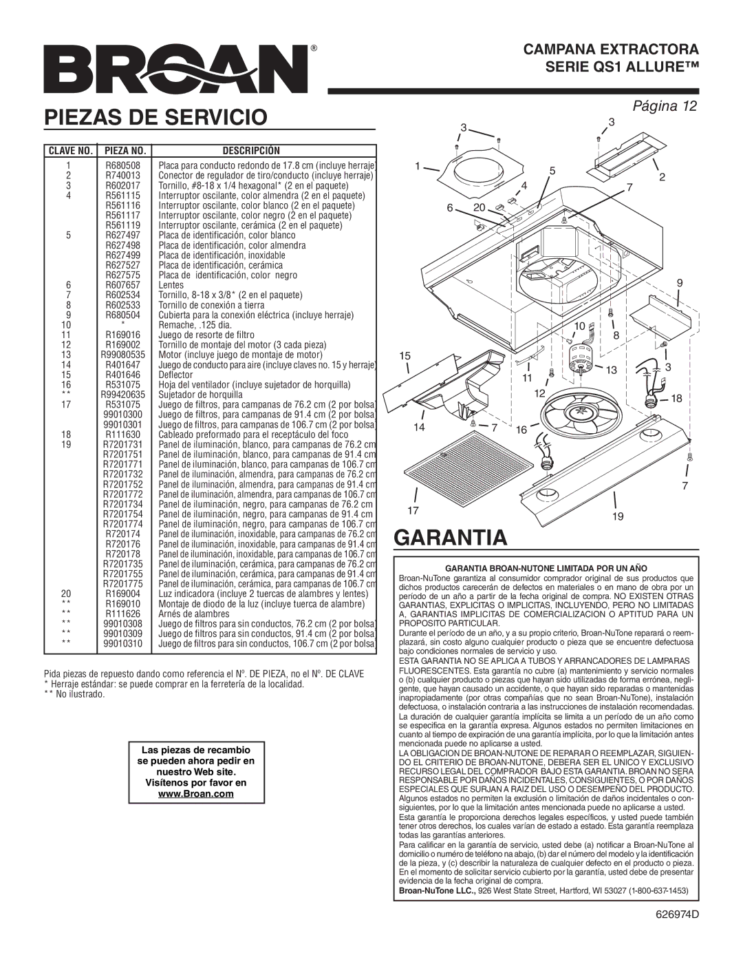 Broan QS130BC warranty Piezas DE Servicio, Garantia, Clave NO. Pieza no 