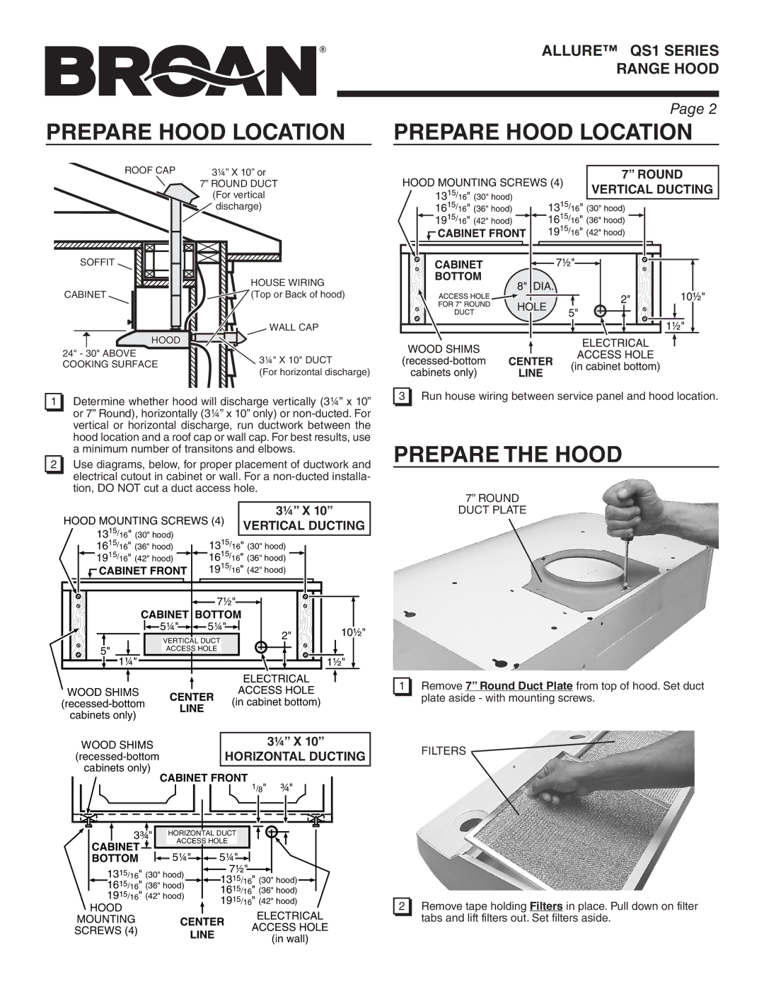 Broan QS130BC warranty Prepare Hood Location Prepare Hood Location, Prepare the Hood, Round Duct Plate, Filters 