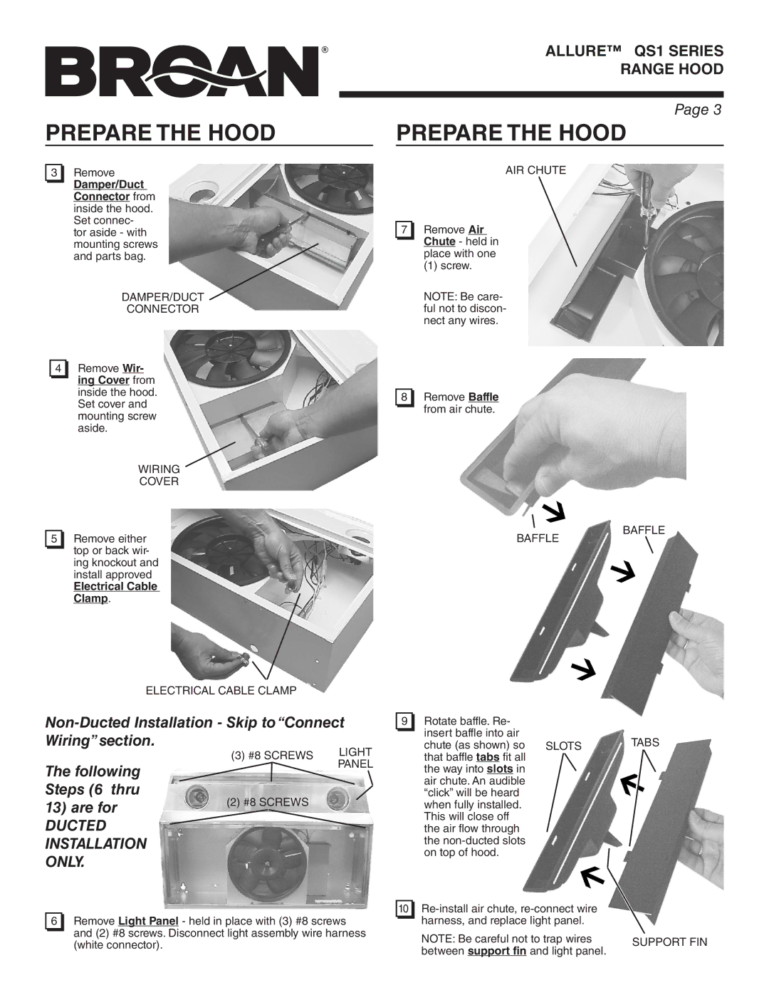 Broan QS130BC warranty DAMPER/DUCT Connector, Wiring Cover, AIR Chute, Baffle Electrical Cable Clamp, Tabs, Support FIN 