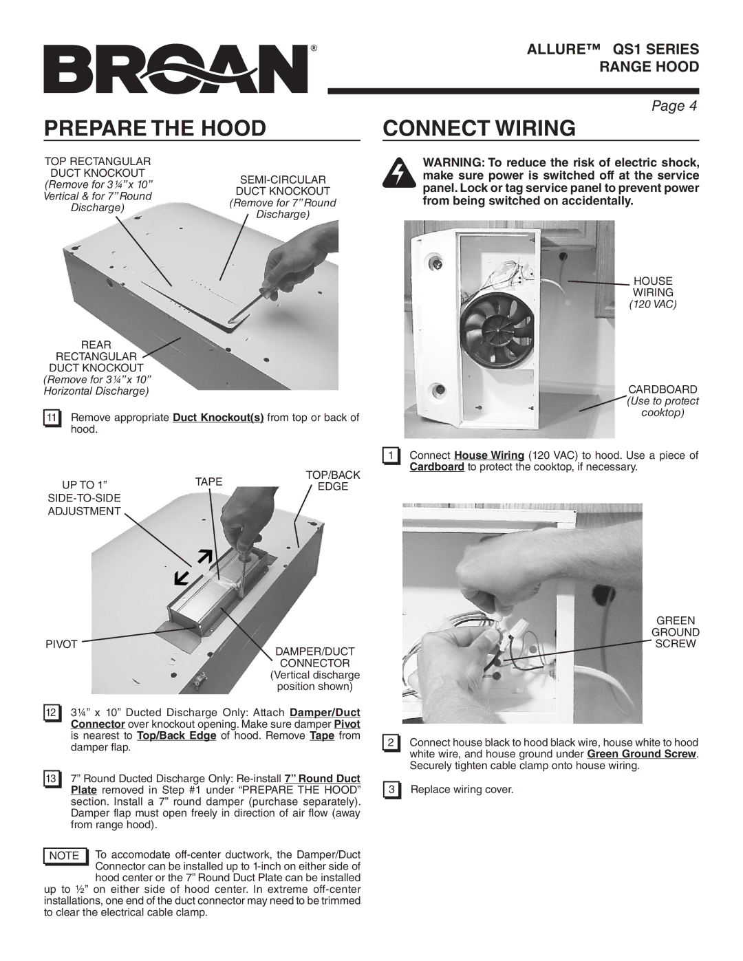 Broan QS130BC warranty Connect Wiring 