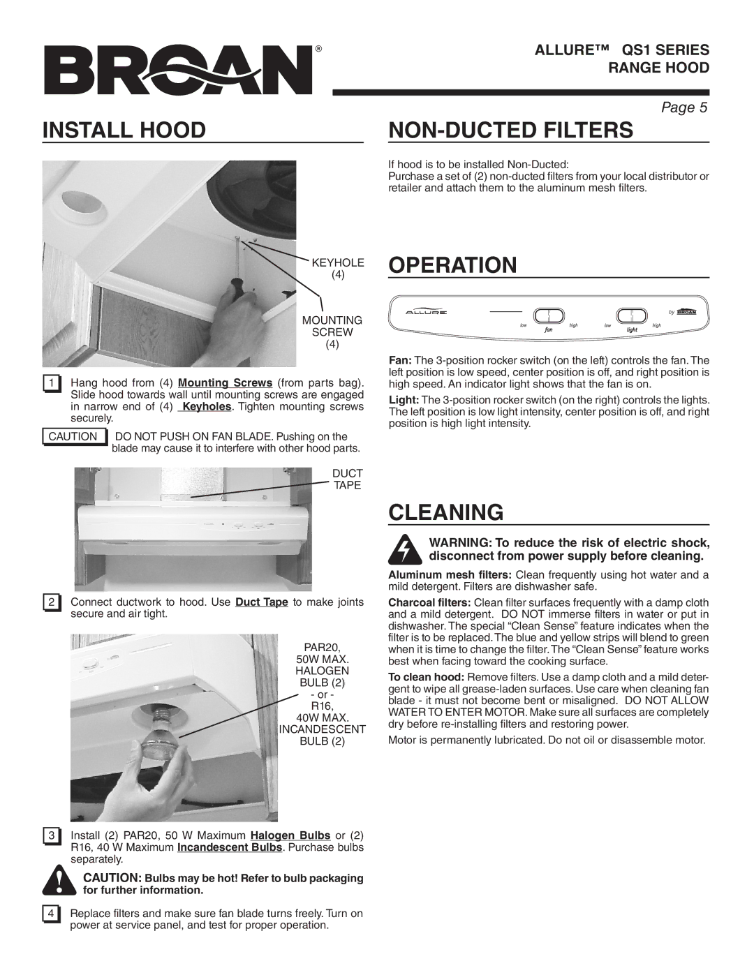 Broan QS130BC warranty Install Hood, NON-DUCTED Filters, Operation, Cleaning 