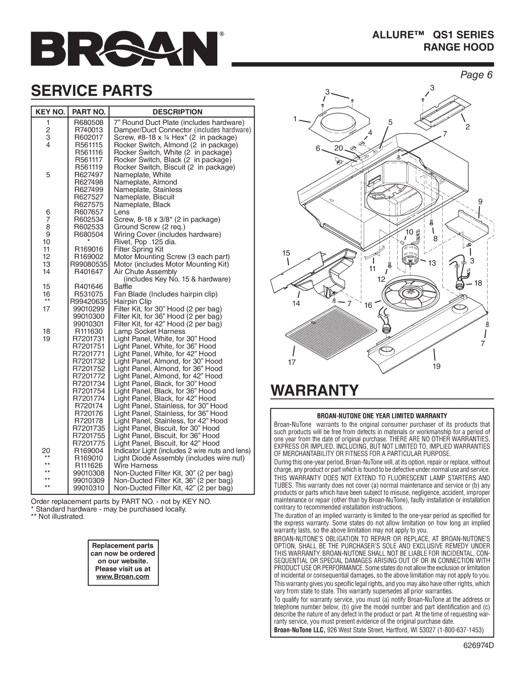 Broan QS130BC warranty Service Parts, KEY NO. Part no Description, BROAN-NUTONE ONE Year Limited Warranty 