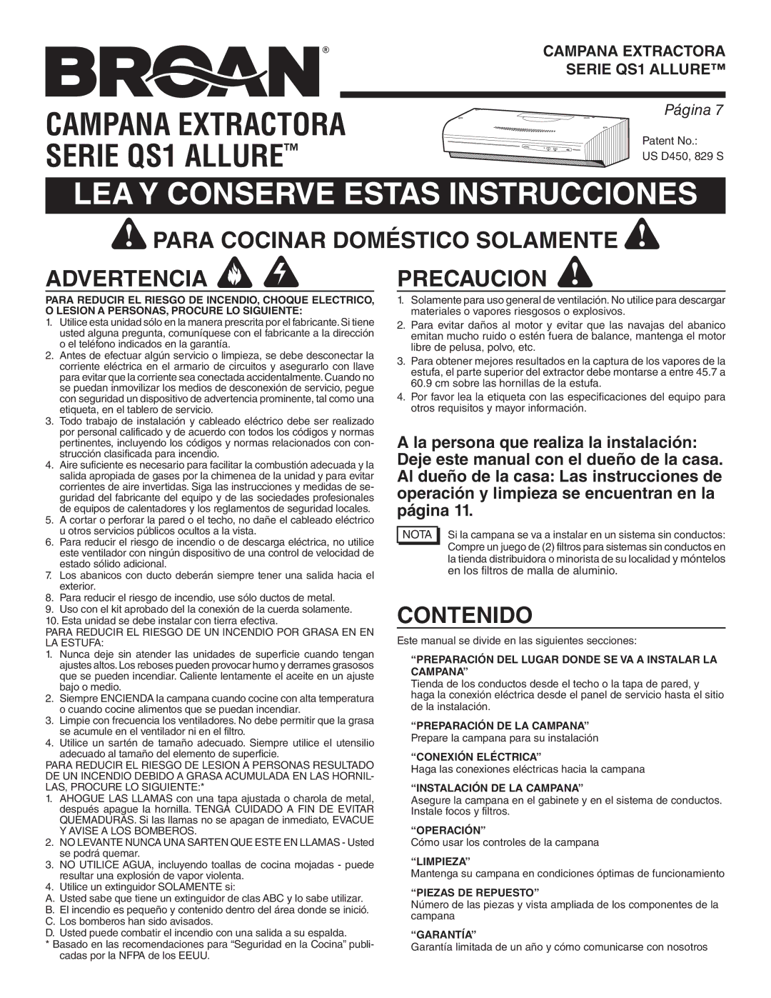 Broan QS130BC warranty Para Cocinar Doméstico Solamente Advertencia Precaucion, Contenido 