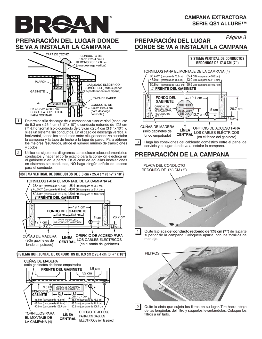 Broan QS130BC warranty SE VA a Instalar LA Campana, Sistema Vertical DE Conductos 