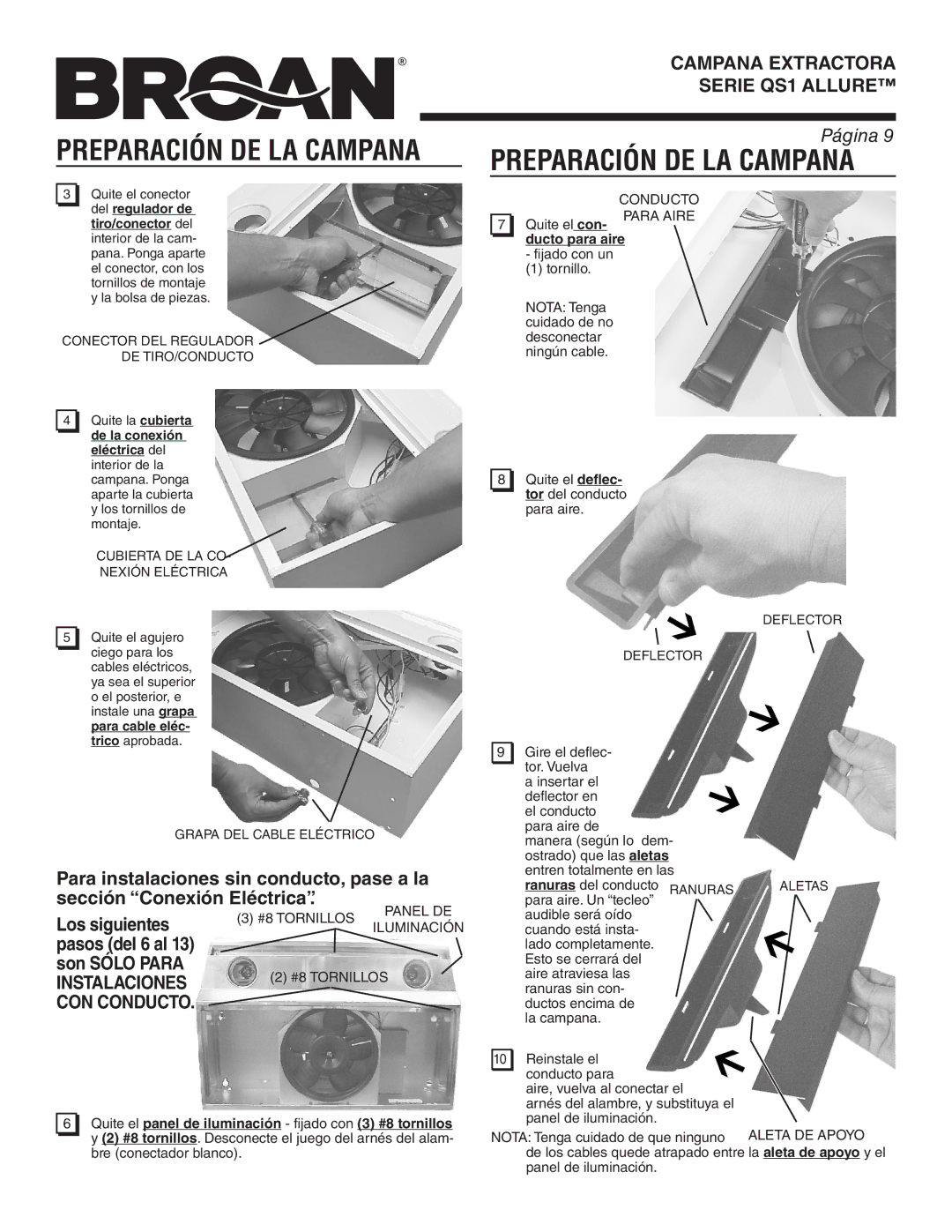 Broan QS130BC warranty Preparación DE LA Campana, Para Aire, Panel DE 