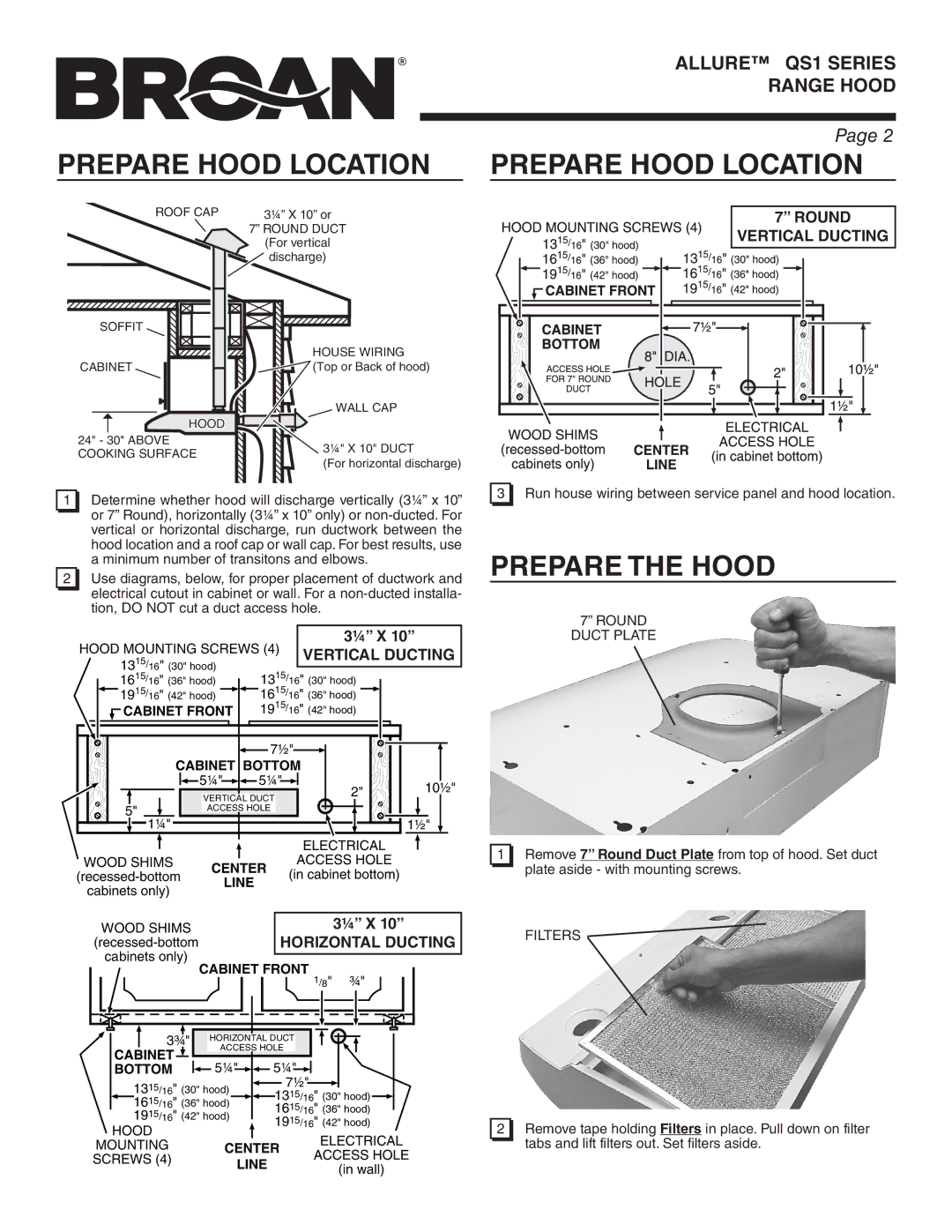 Broan QS130BL warranty Prepare Hood Location Prepare Hood Location, Prepare the Hood, Round Duct Plate, Filters 