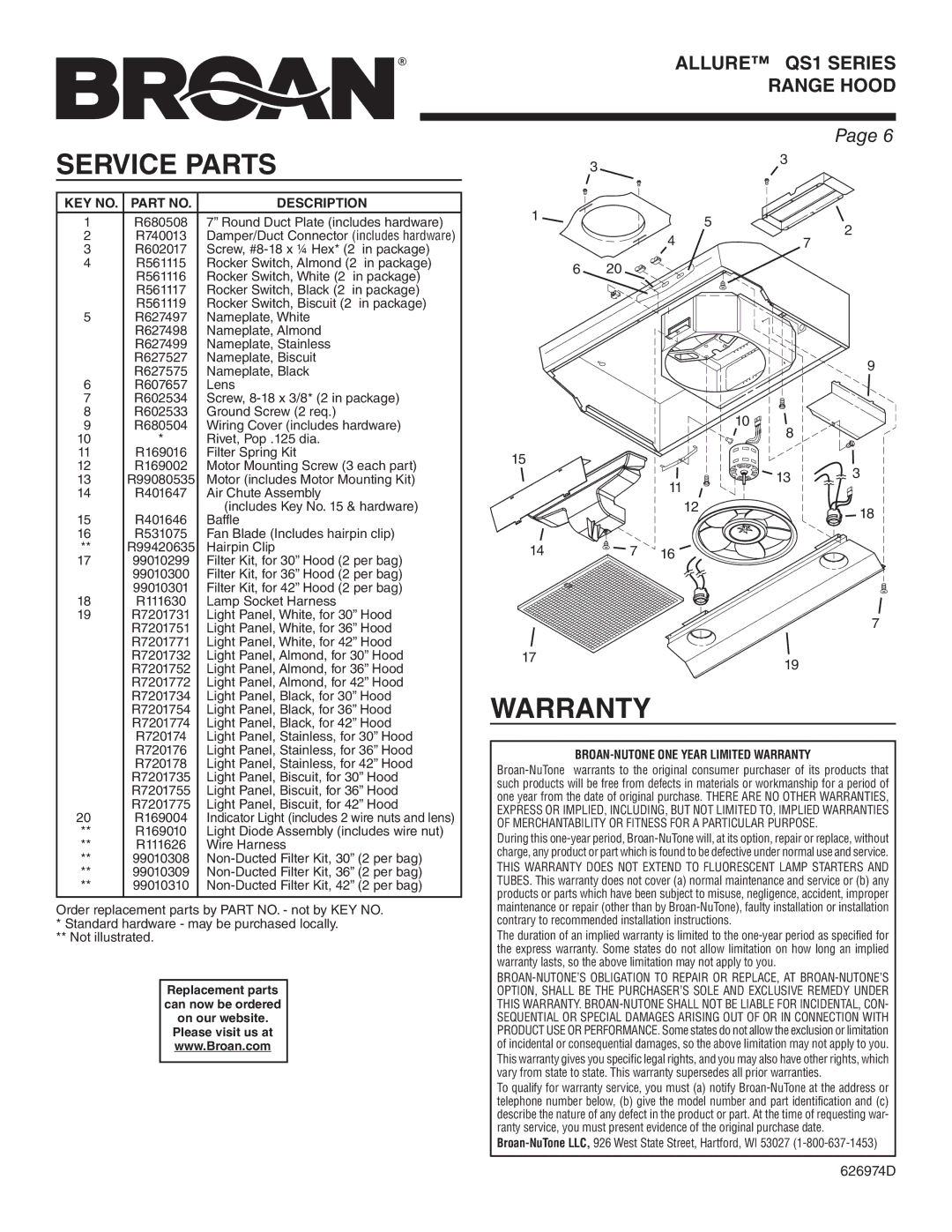 Broan QS130BL warranty Service Parts, KEY NO. Part no Description, BROAN-NUTONE ONE Year Limited Warranty 