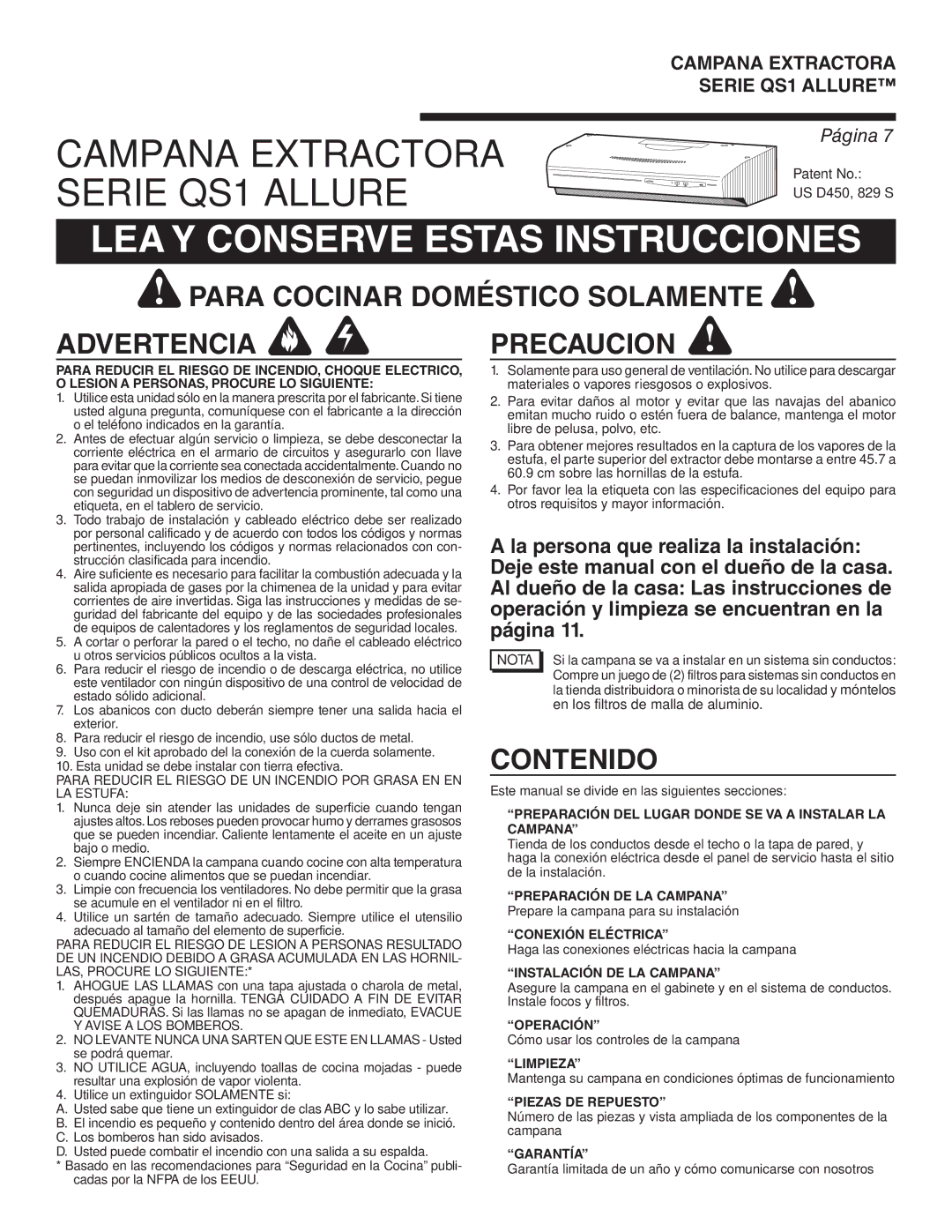 Broan QS130BL warranty Para Cocinar Doméstico Solamente Advertencia Precaucion, Contenido 