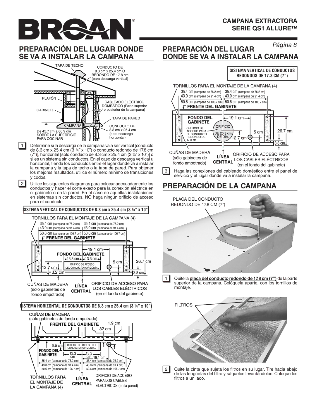 Broan QS130BL warranty SE VA a Instalar LA Campana, Sistema Vertical DE Conductos 