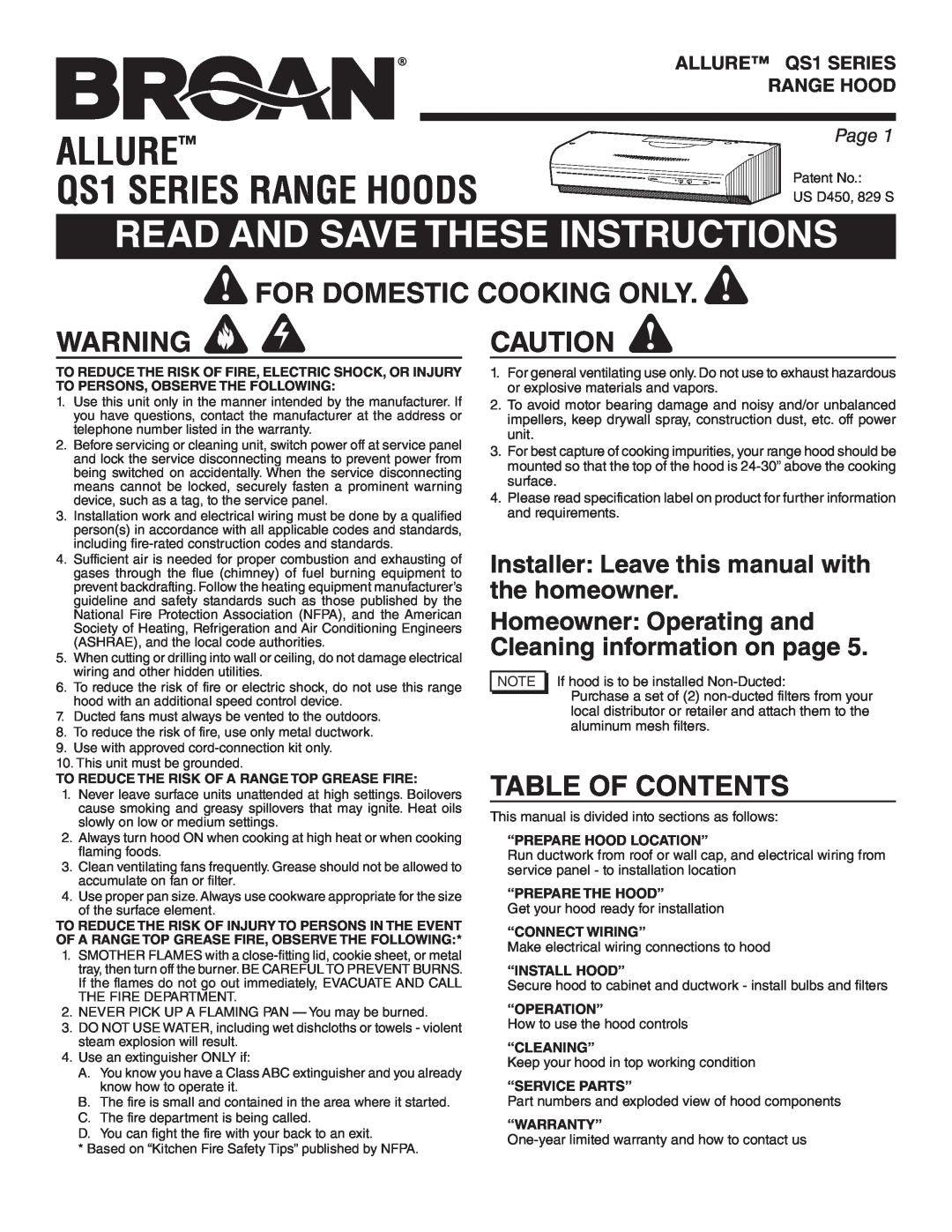 Broan QS130BL warranty Allure, QS1 SERIES RANGE HOODS, Read And Save These Instructions, For Domestic Cooking Only, Page 