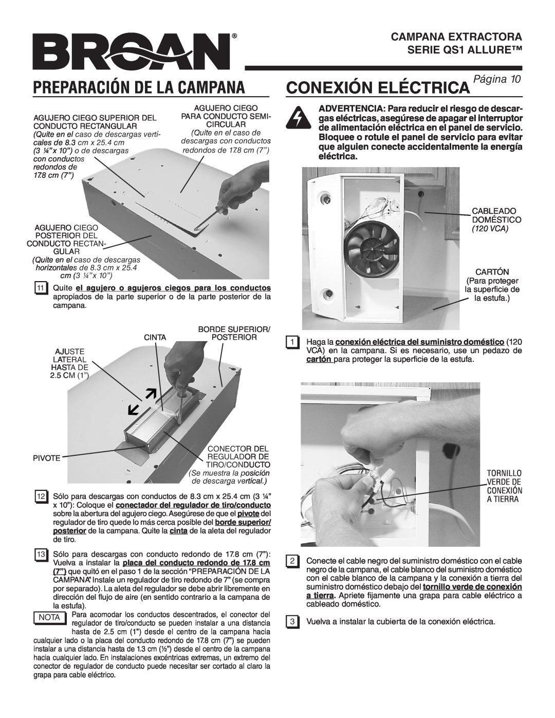 Broan QS130BL warranty CONEXIÓN ELÉCTRICA Página, CAMPANA EXTRACTORA SERIE QS1 ALLURE, Preparación De La Campana 