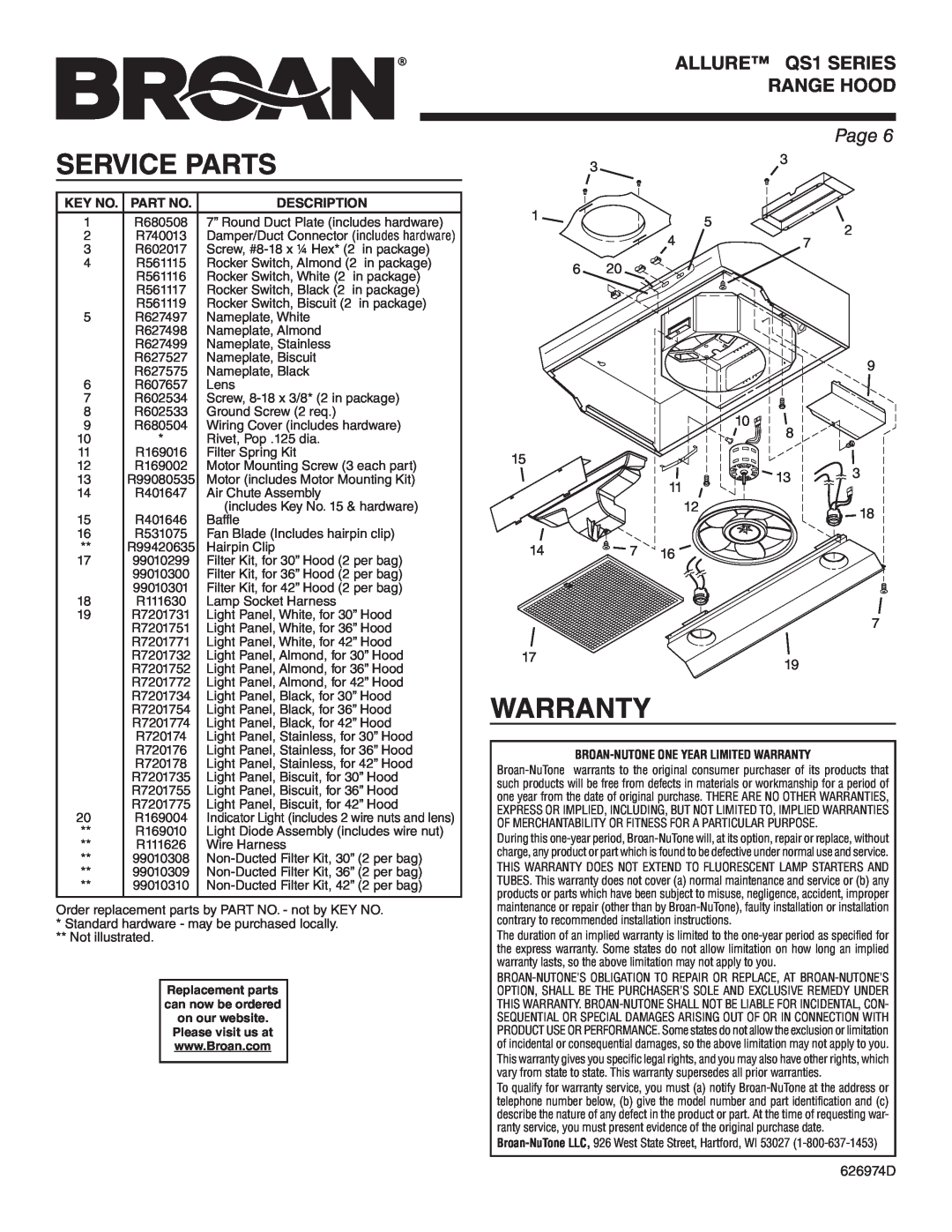 Broan QS130BL warranty Service Parts, Warranty, ALLURE QS1 SERIES RANGE HOOD, Page, Key No. Part No, Description 