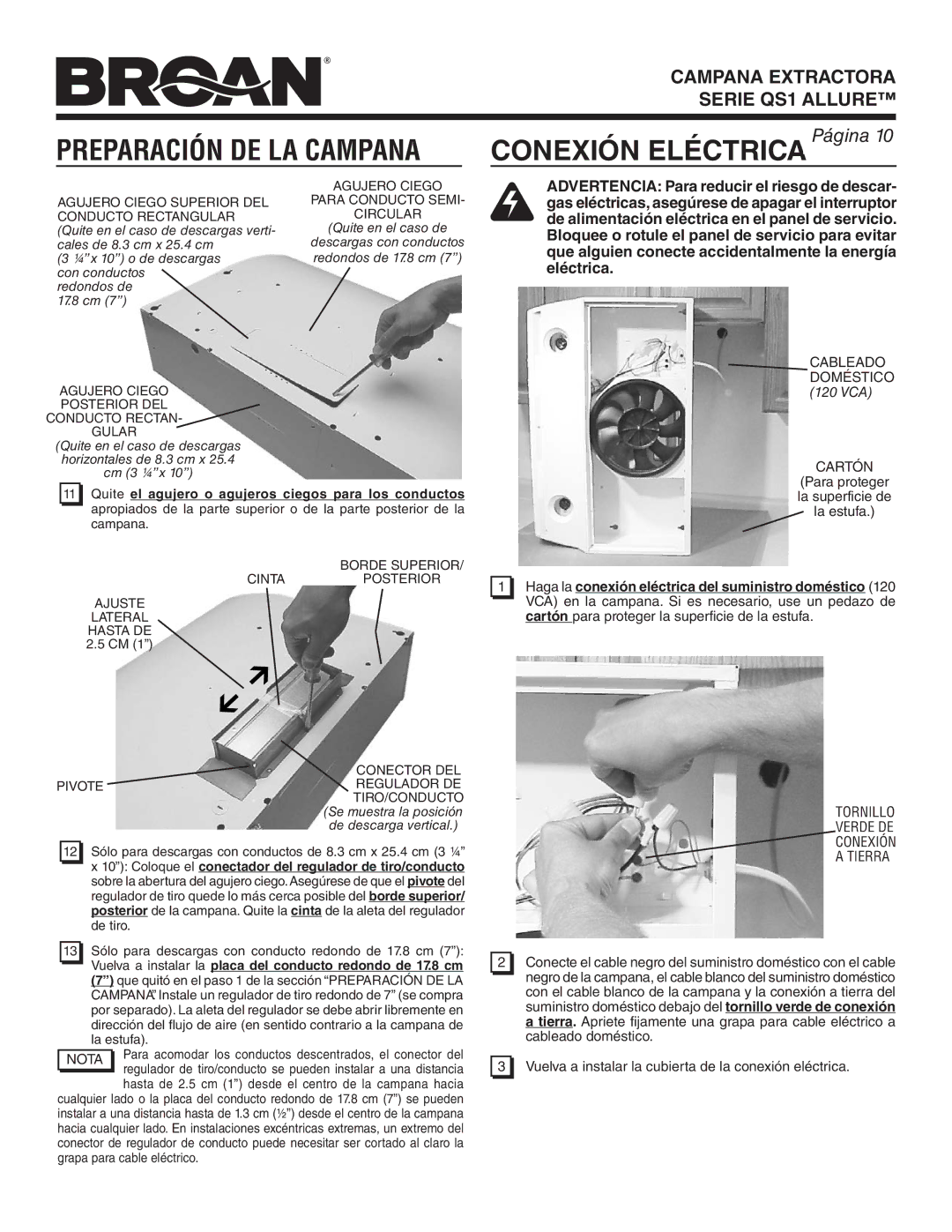 Broan QS130SS, QS130WW, QS136BL, QS136SS, QS136BC Nota, Cableado Doméstico 120 VCA Cartón, Tornillo Verde DE Conexión Tierra 