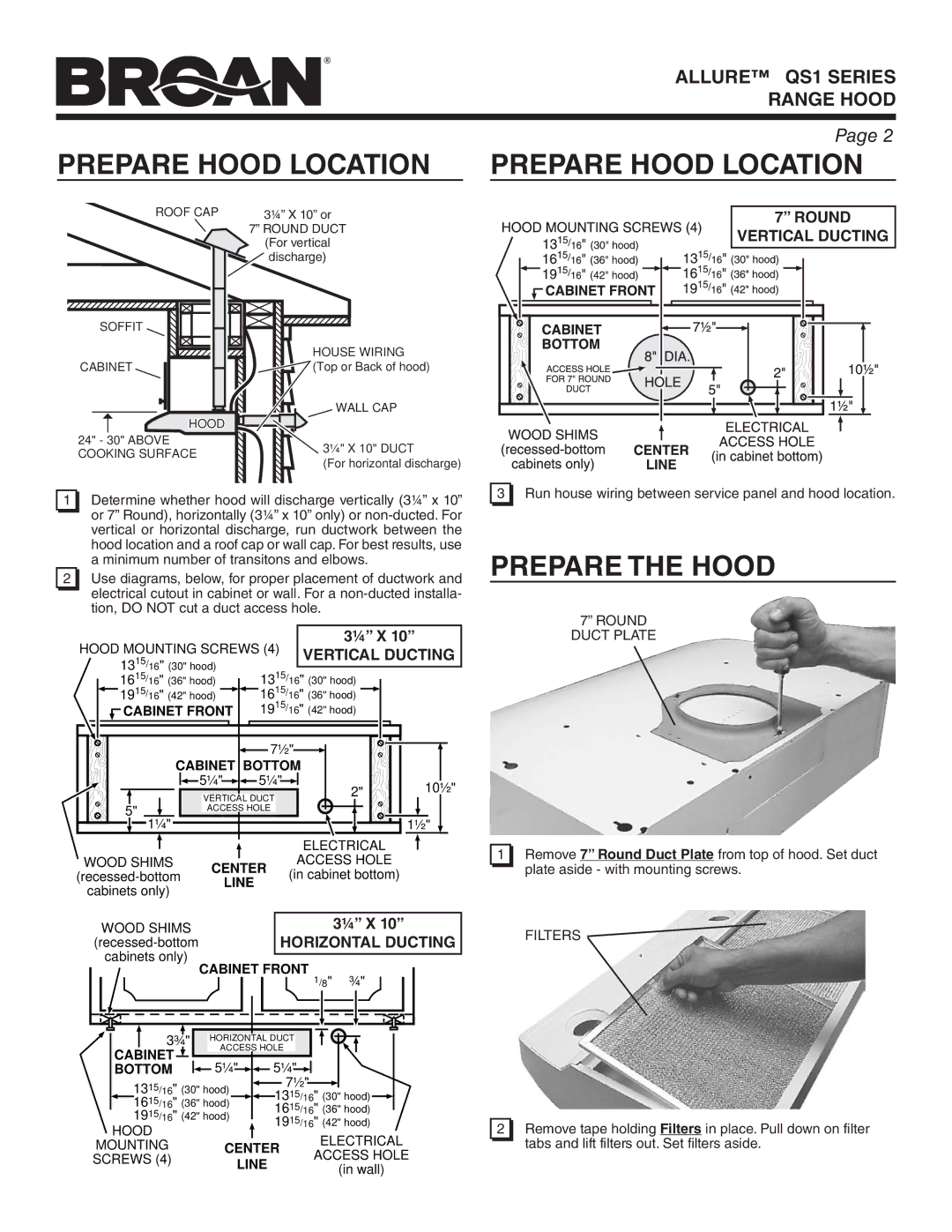 Broan QS130SS, QS130WW, QS136BL, QS136SS, QS136BC, QS136WW Prepare Hood Location, Prepare the Hood, Round Duct Plate, Filters 