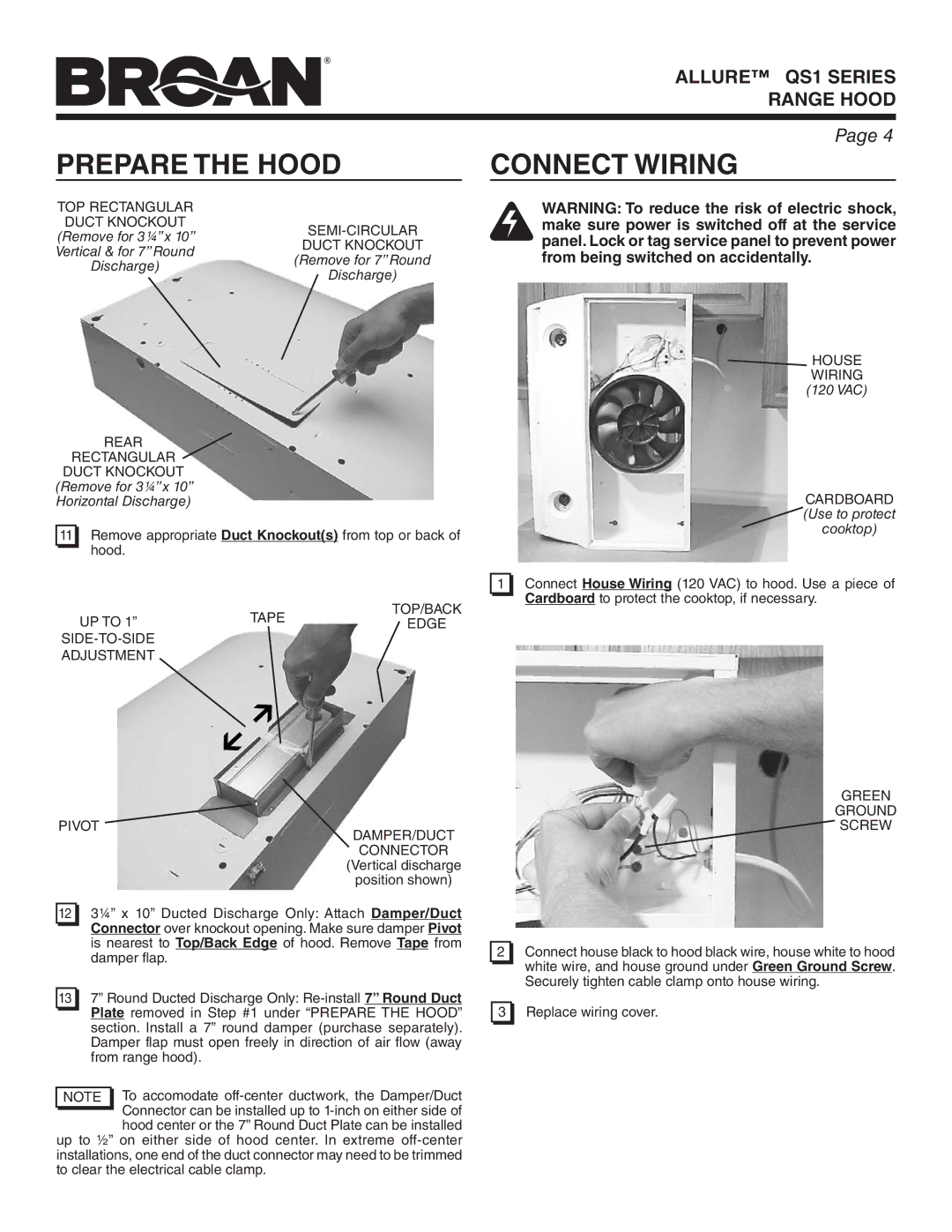 Broan QS136BC, QS130WW, QS136BL, QS130SS, QS136SS, QS136WW, QS130BL, QS130BC warranty Connect Wiring 