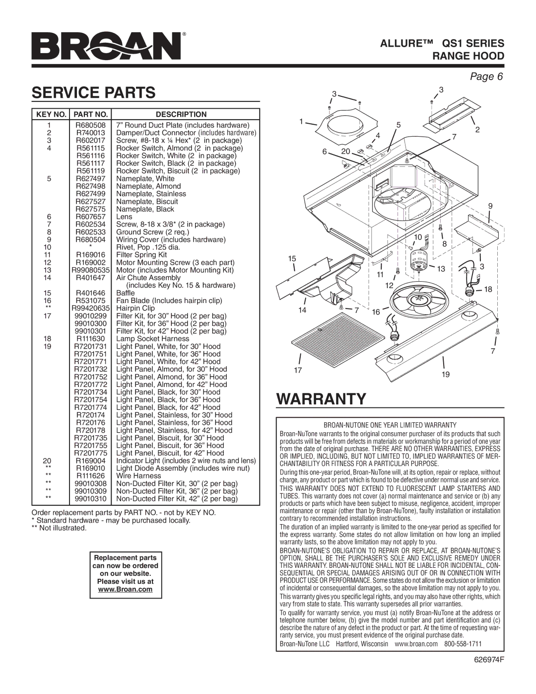 Broan QS130BL, QS130WW, QS136BL, QS130SS, QS136SS, QS136BC, QS136WW warranty Service Parts, Warranty, KEY NO. Part no Description 