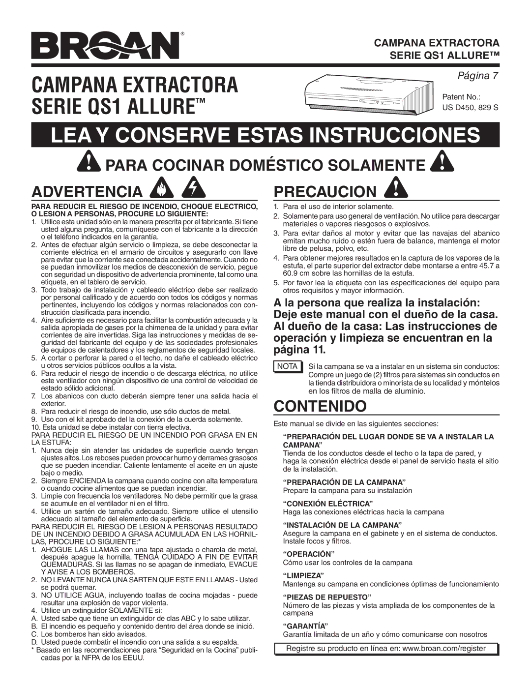 Broan QS130BC, QS130WW, QS136BL, QS130SS, QS136SS, QS136BC Para Cocinar Doméstico Solamente Advertencia, Precaucion, Contenido 