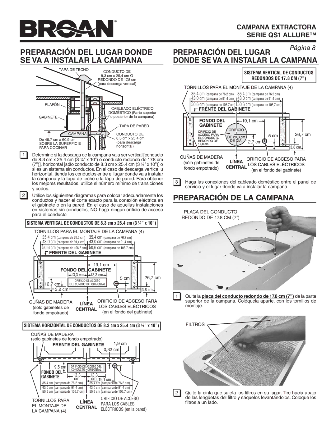 Broan QS130WW, QS136BL, QS130SS Frente DEL GA Binete, Fondo DEL Gabinete, Línea, Central, Sistema Vertical DE Conductos 