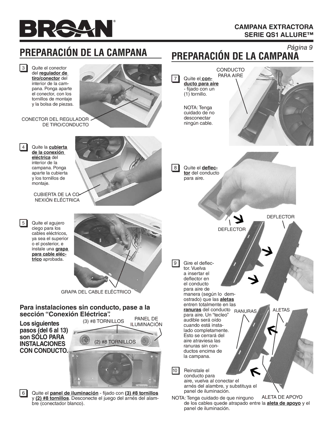 Broan QS136BL, QS130WW, QS130SS, QS136SS, QS136BC, QS136WW, QS130BL, QS130BC Preparación DE LA Campana, Para Aire, Panel DE 