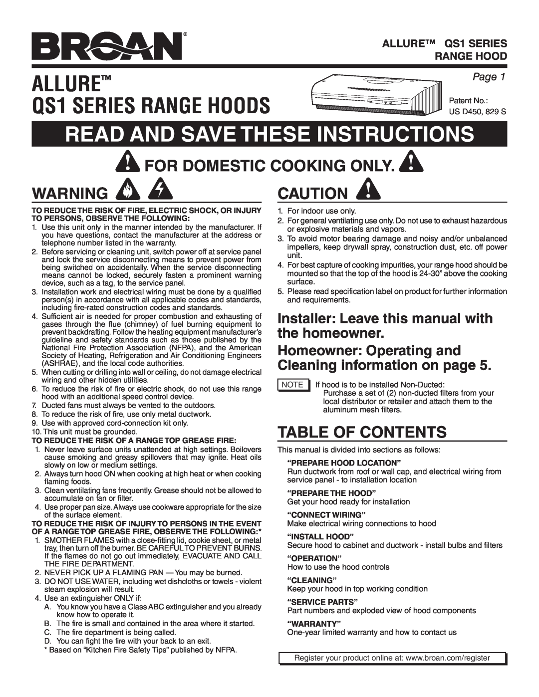 Broan QS130BL warranty Allure, QS1 SERIES RANGE HOODS, Read And Save These Instructions, For Domestic Cooking Only, Page 