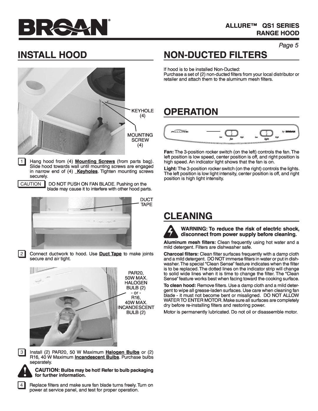 Broan QS136WW, QS130WW, QS136BL Install Hood, Non-Ducted Filters, Operation, Cleaning, ALLURE QS1 SERIES RANGE HOOD, Page 