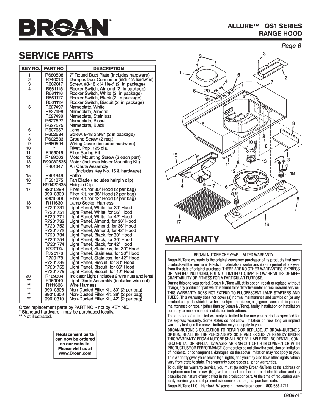 Broan QS130BL, QS130WW, QS136BL Service Parts, Warranty, ALLURE QS1 SERIES RANGE HOOD, Page, Key No. Part No, Description 