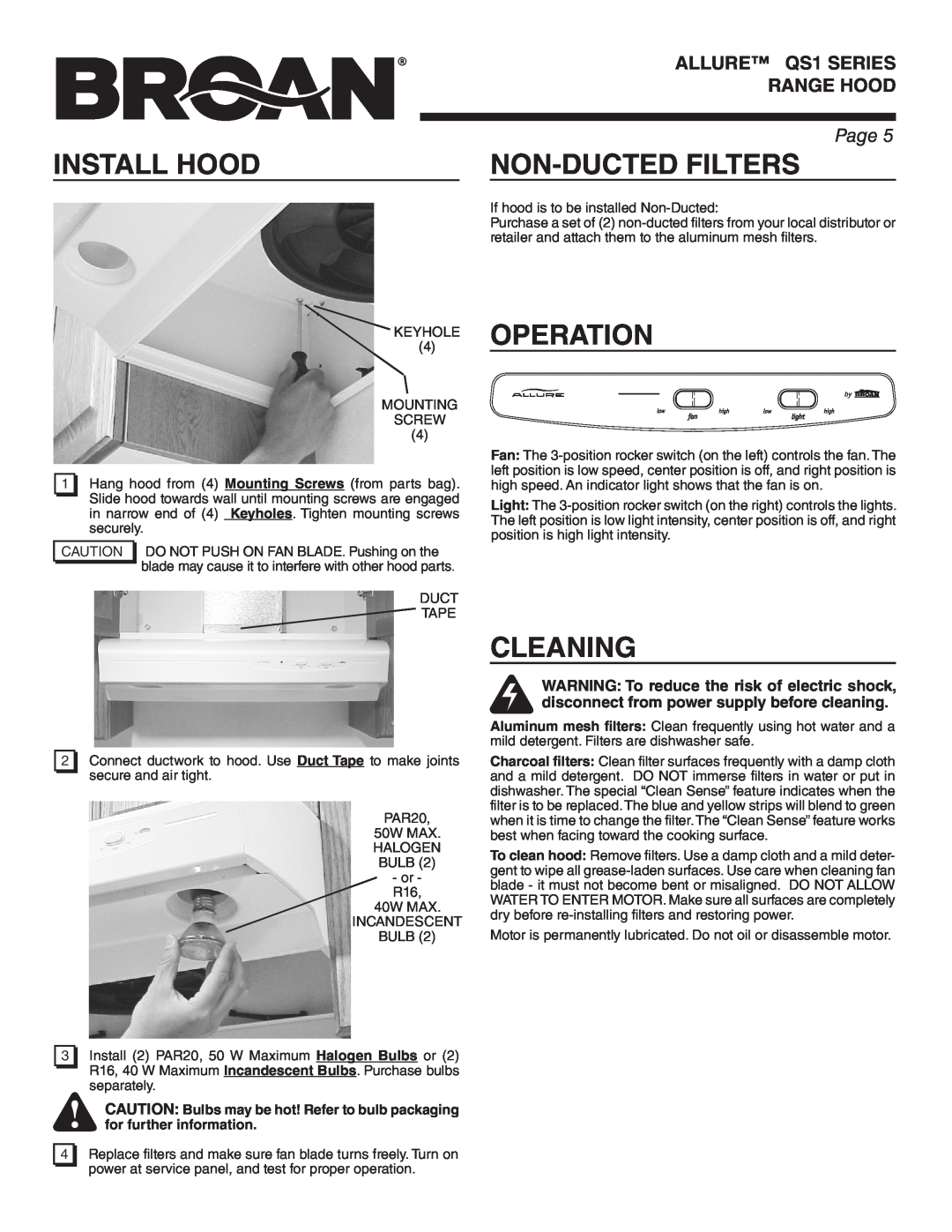 Broan QS130WW warranty Install Hood, Non-Ducted Filters, Operation, Cleaning, ALLURE QS1 SERIES RANGE HOOD, Page 