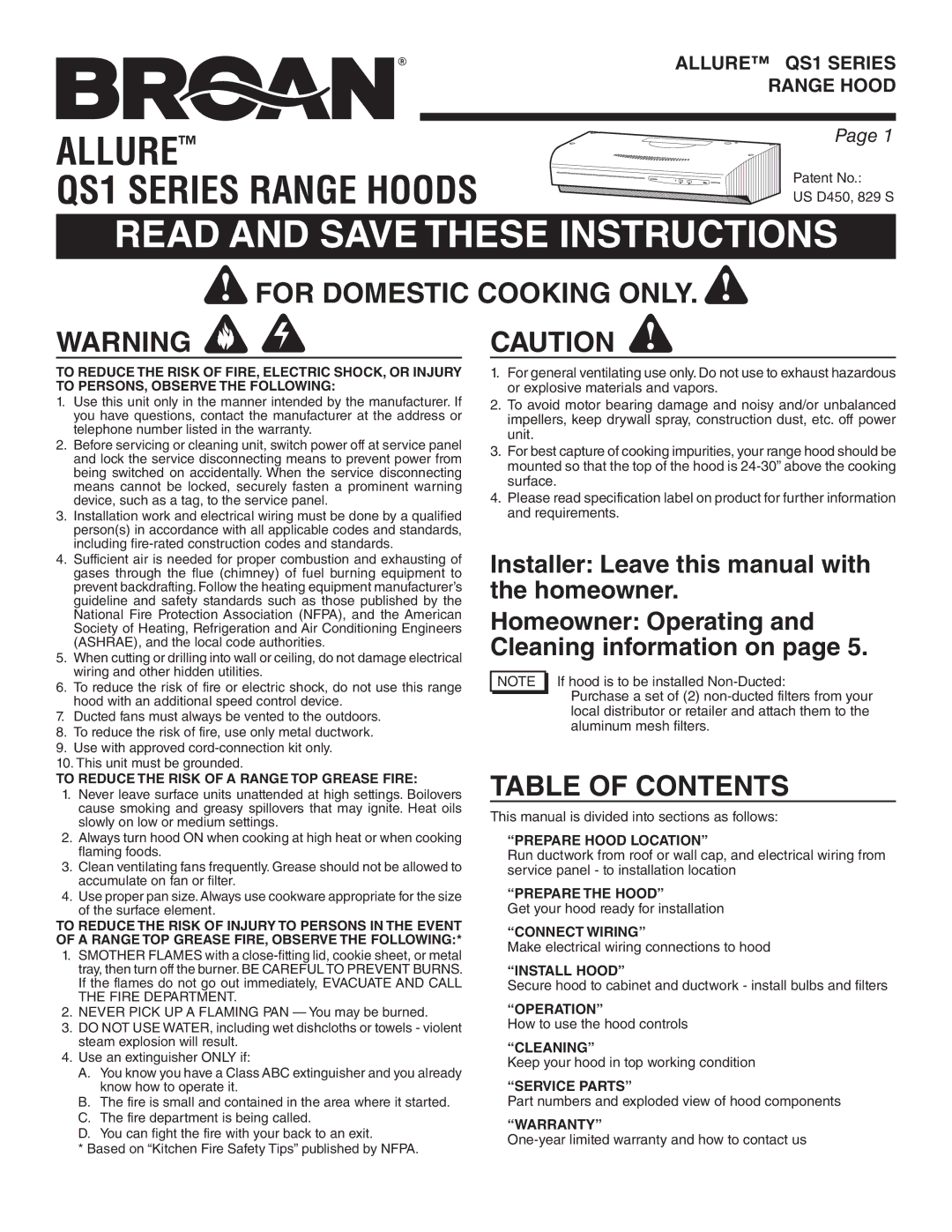 Broan QS136SS manual For Domestic Cooking only, Table of Contents 