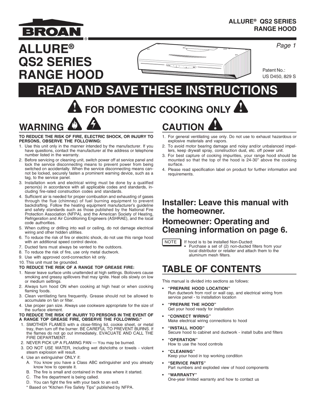 Broan QS2 warranty For Domestic Cooking only, Table of Contents 
