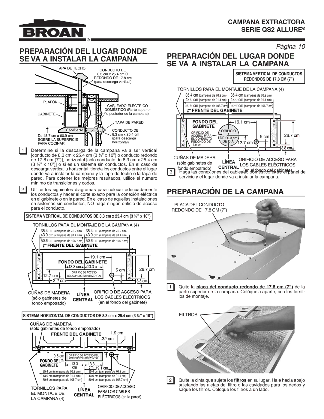 Broan QS2 warranty Preparación DE LA Campana 