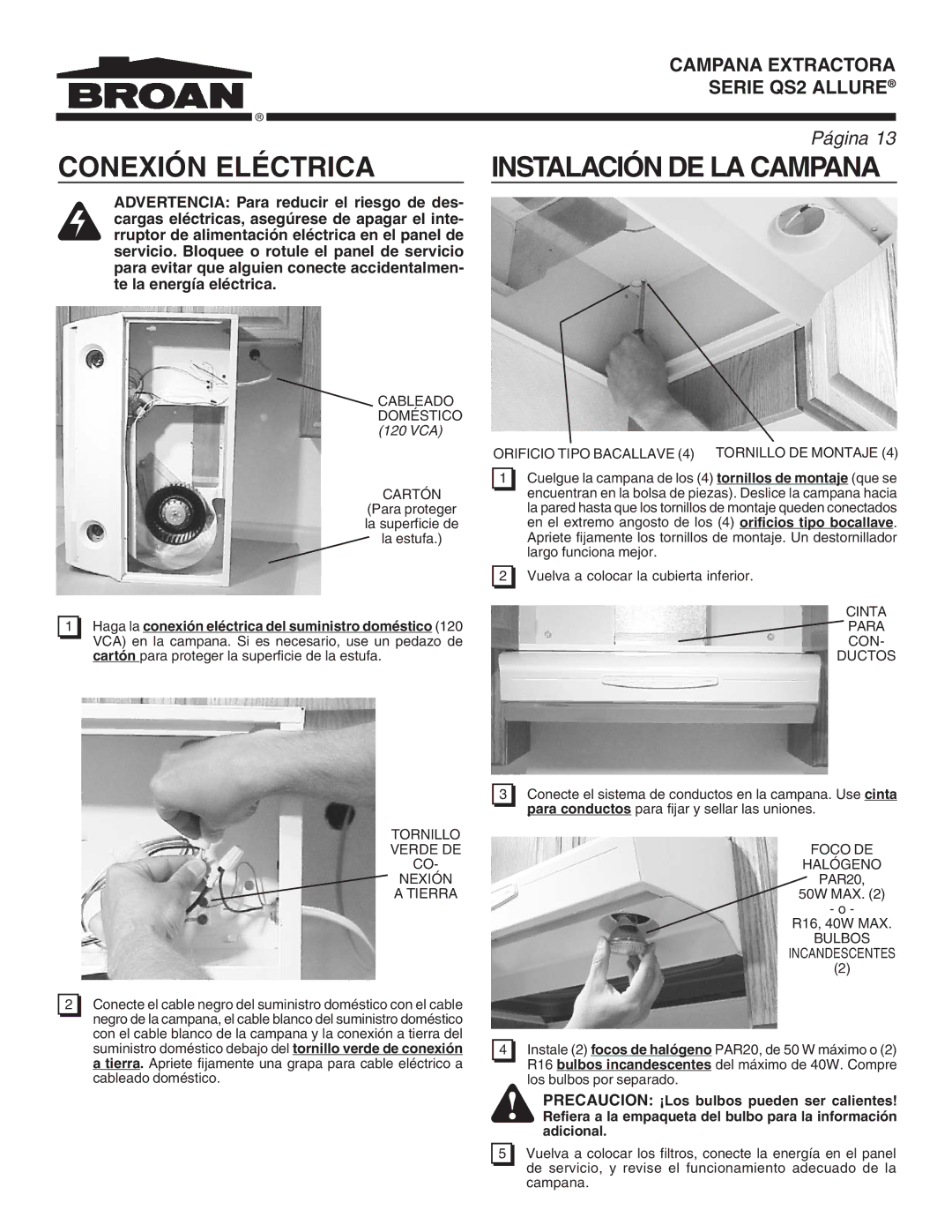 Broan QS2 warranty Conexión Eléctrica 