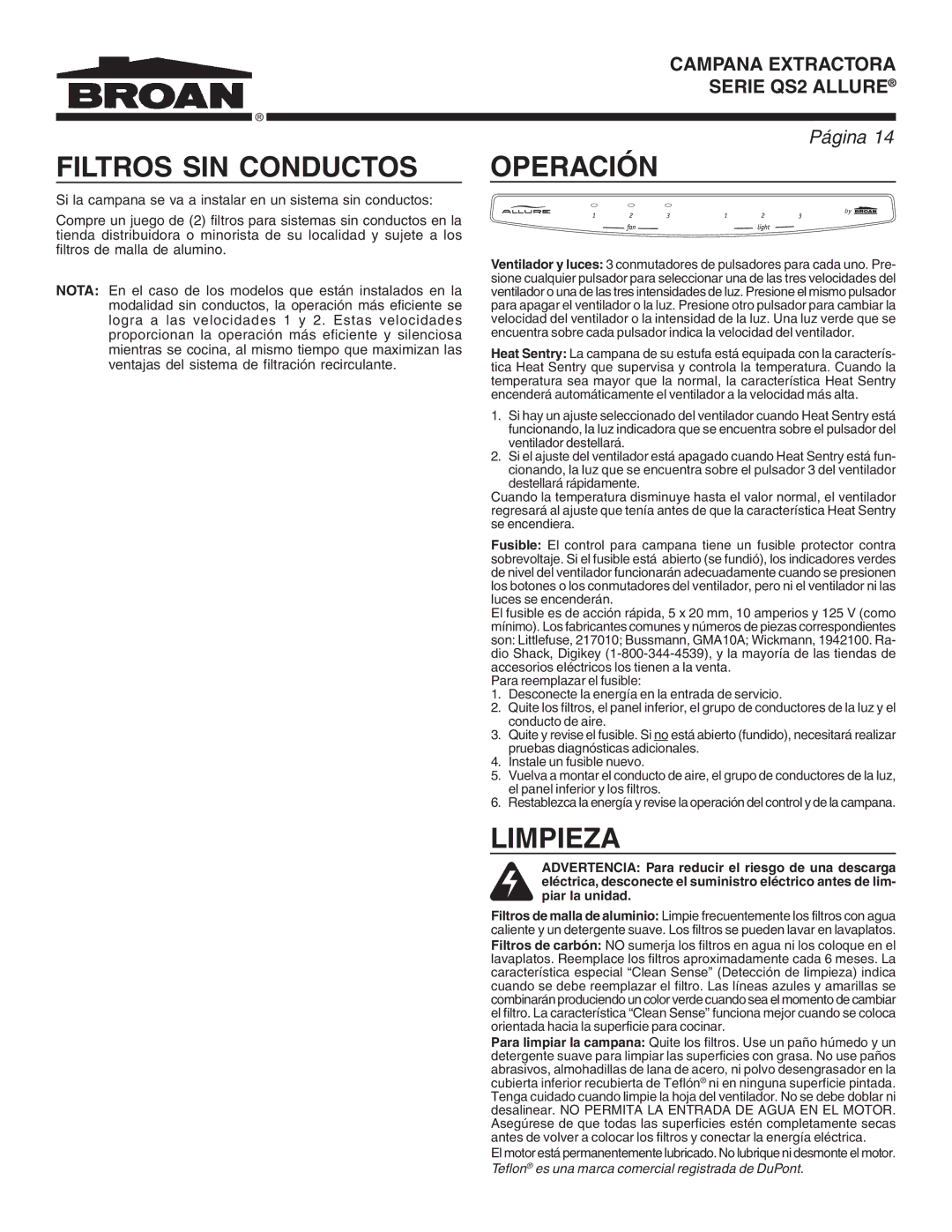 Broan QS2 warranty Filtros SIN Conductos, Operación, Limpieza 