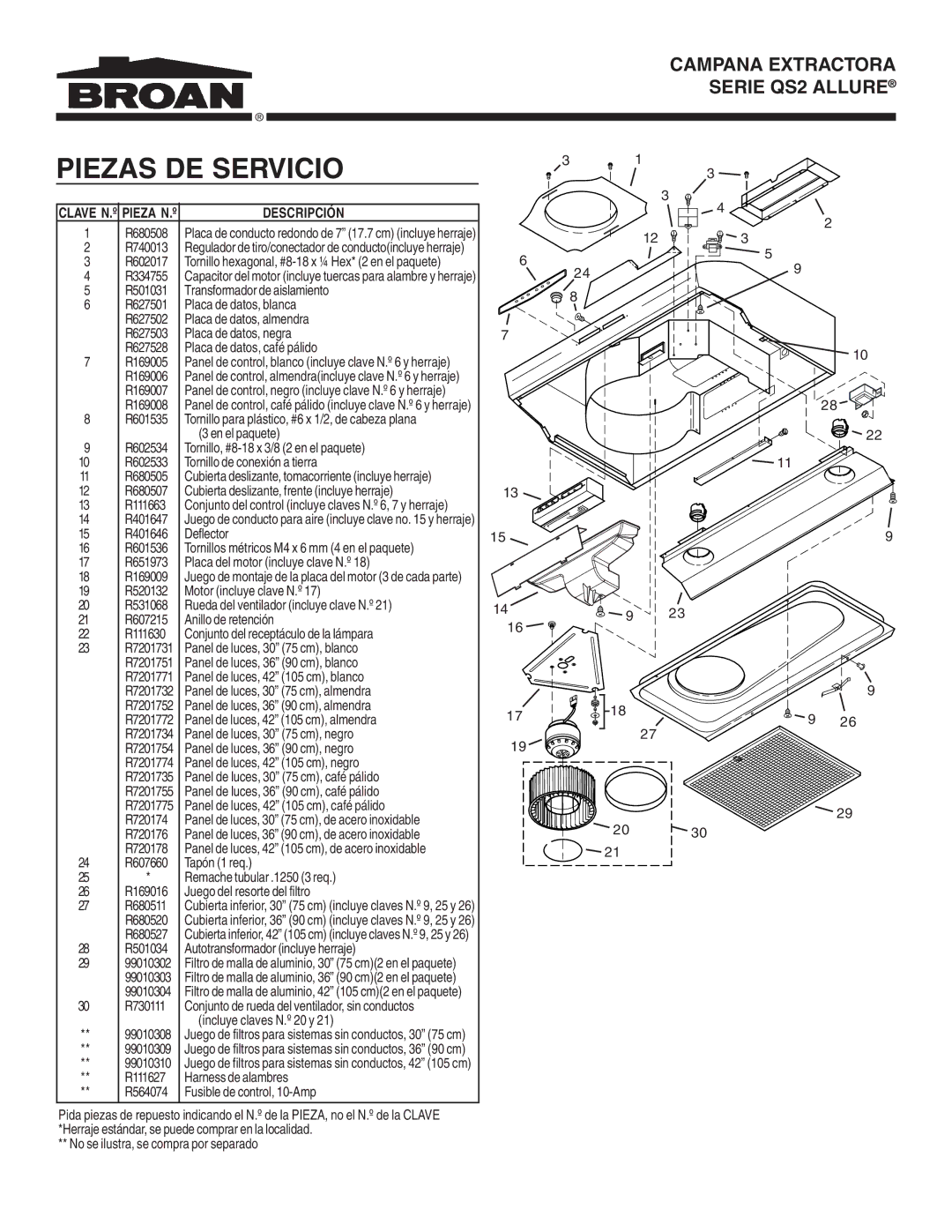 Broan QS2 warranty Piezas DE Servicio, Clave N.º Pieza N.º 