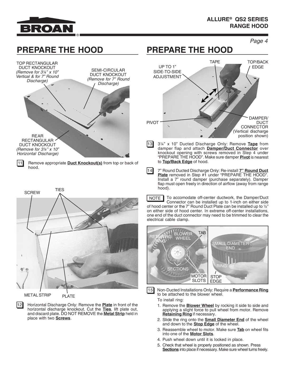 Broan QS2 warranty To Top/Back Edge of hood 