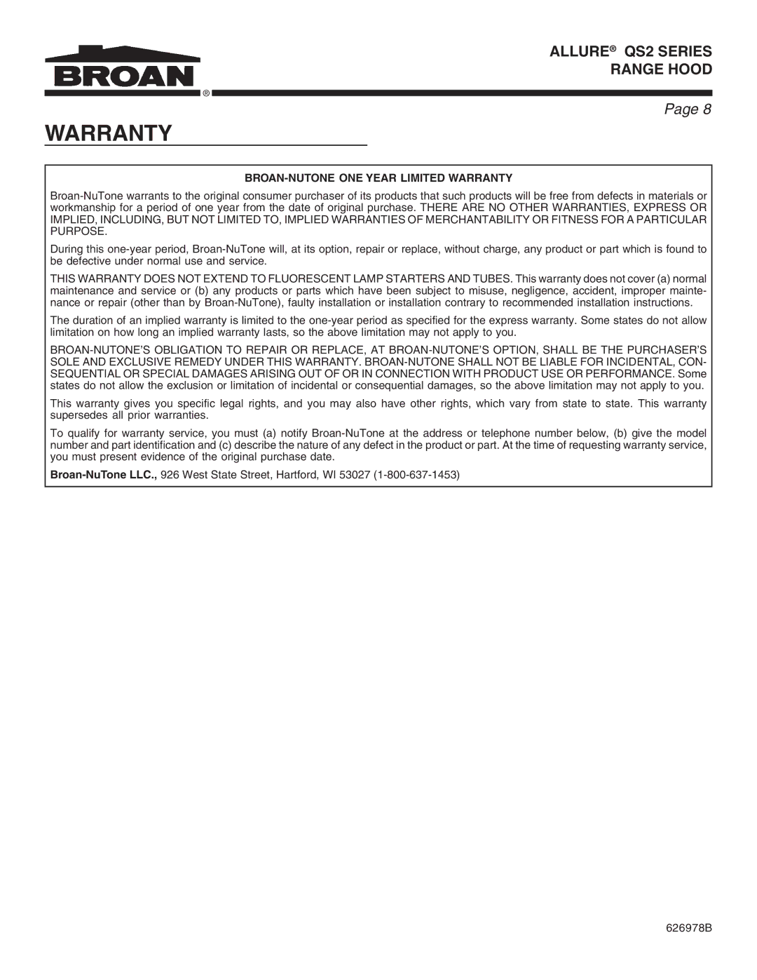 Broan QS2 warranty BROAN-NUTONE ONE Year Limited Warranty 