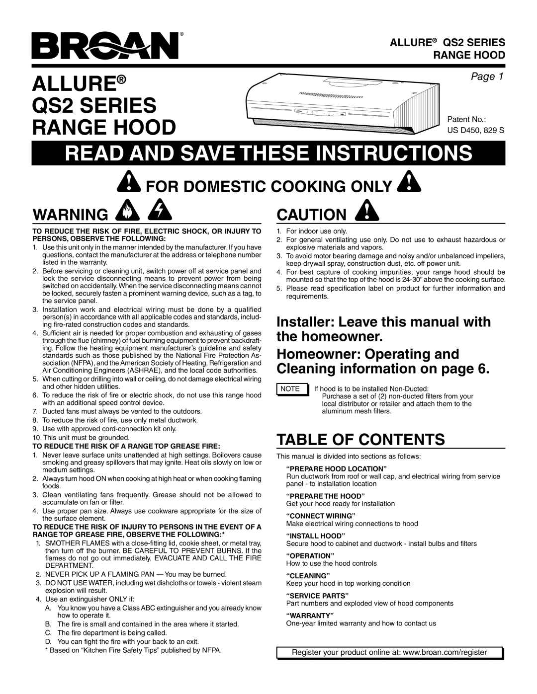 Broan QS236BL, QS236SS, QS236WW, QS242SS, QS236BC, QS230BL, QS230WW warranty For Domestic Cooking only, Table of Contents 