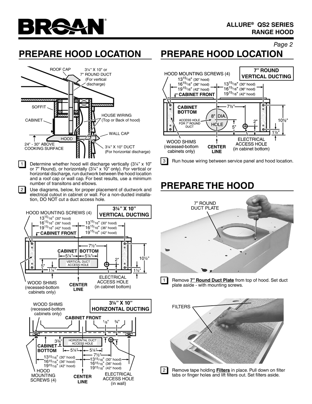 Broan QS236WW, QS236SS, QS236BL, QS242SS, QS236BC Prepare Hood Location, Prepare the Hood, ¼ X, Round Duct Plate, Filters 