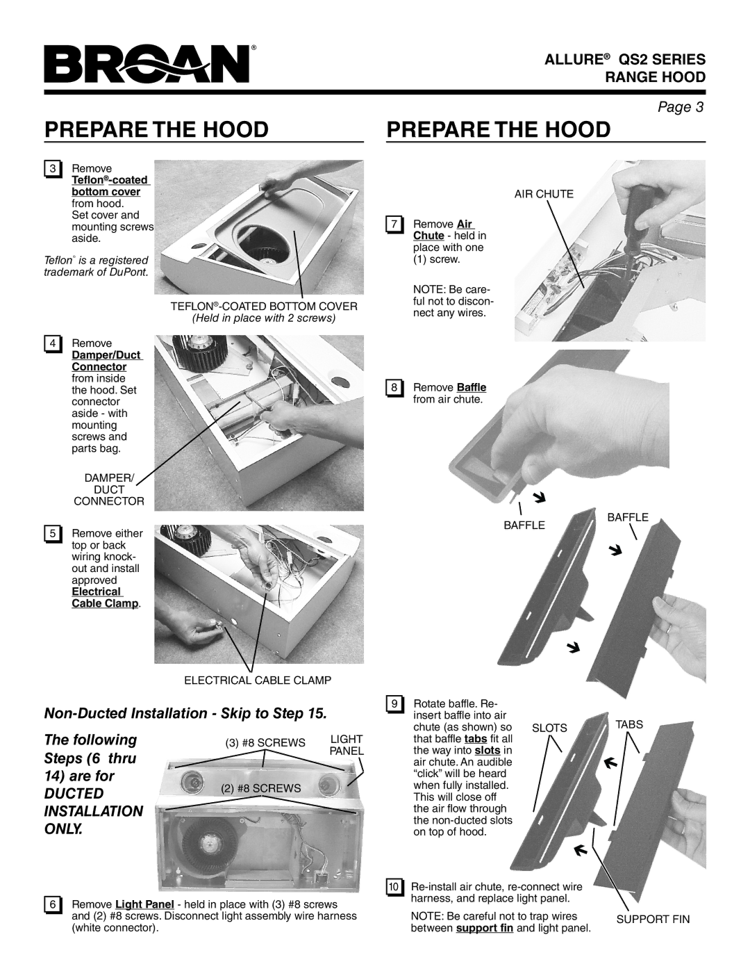 Broan QS242SS, QS236SS, QS236BL Teflon-coated bottom cover from hood, Damper/Duct, Connector, Electrical, Cable Clamp 