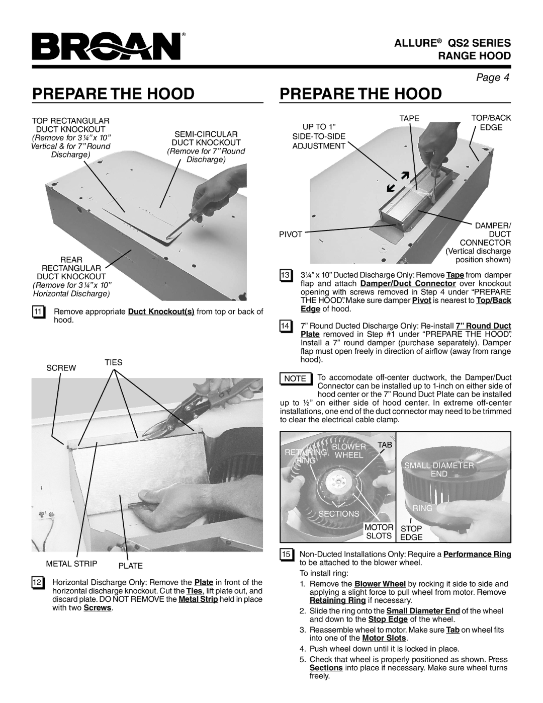 Broan QS236BC, QS236SS TOP Rectangular, Semi-Circular, Rear Rectangular Duct Knockout, Screw Ties, Metal Strip Plate 