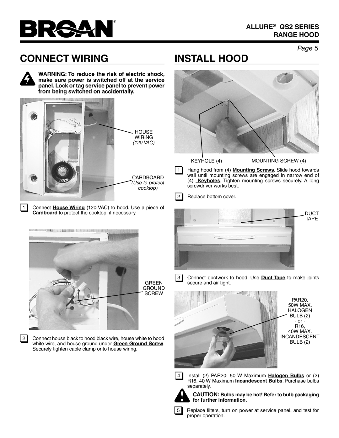 Broan QS230BL, QS236SS, QS236BL, QS236WW, QS242SS, QS236BC, QS230WW, QS230SS, QS230BC warranty Connect Wiring 