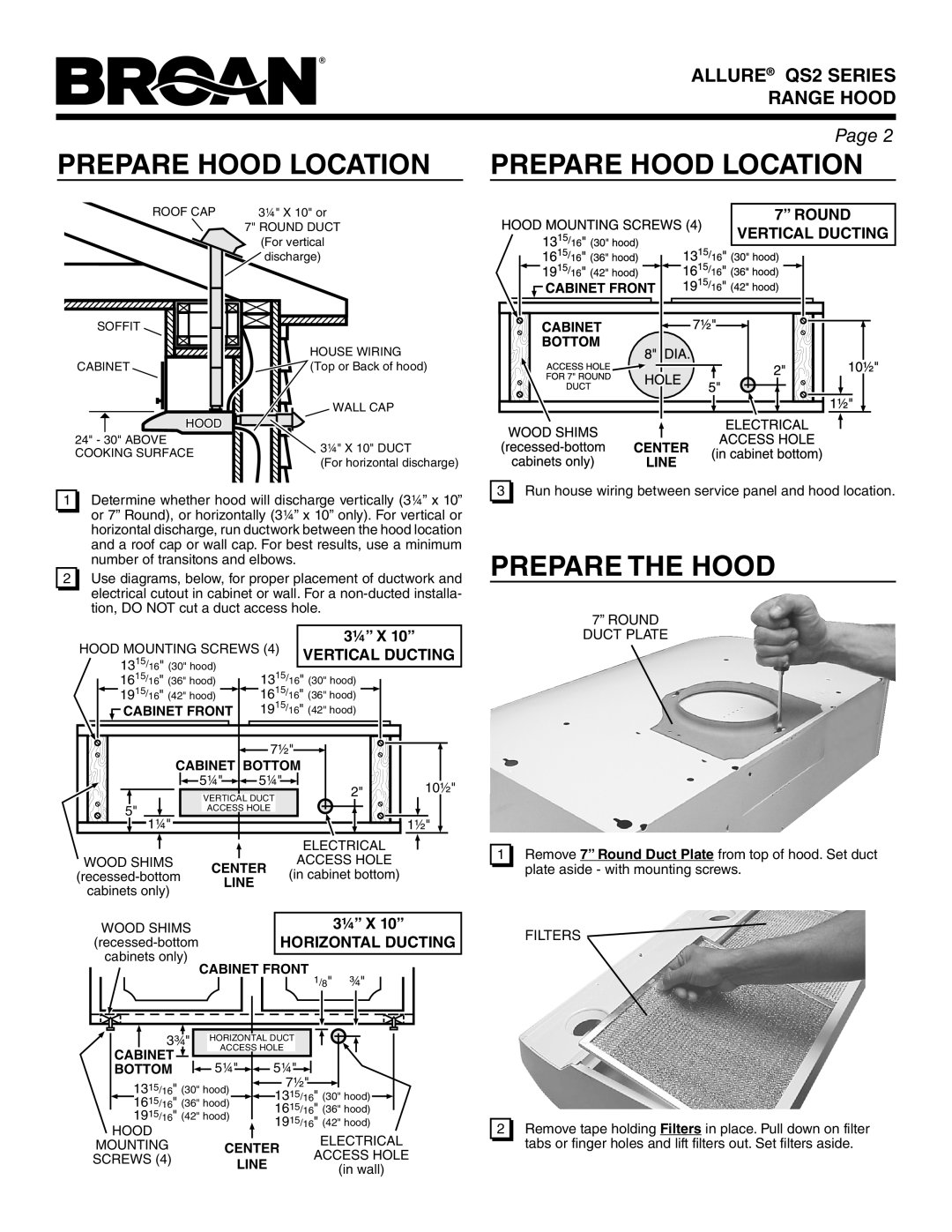 Broan QS236WW Prepare Hood Location, Prepare The Hood, Page, Vertical Ducting, Horizontal Ducting, Cabinet Front, Center 