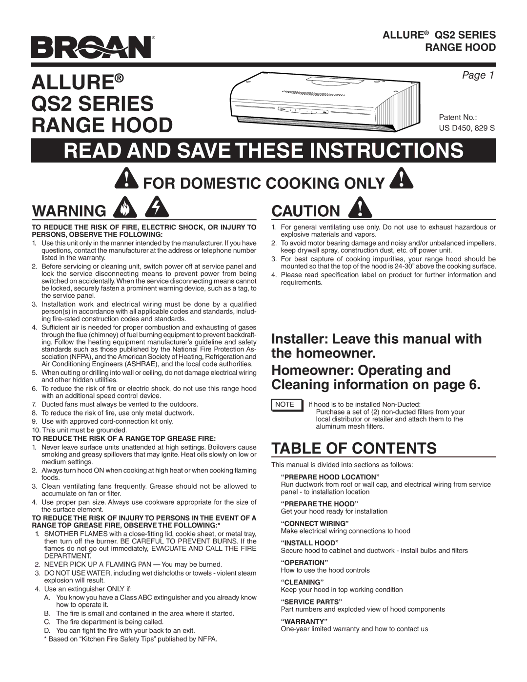 Broan QS236SS manual For Domestic Cooking only, Table of Contents 