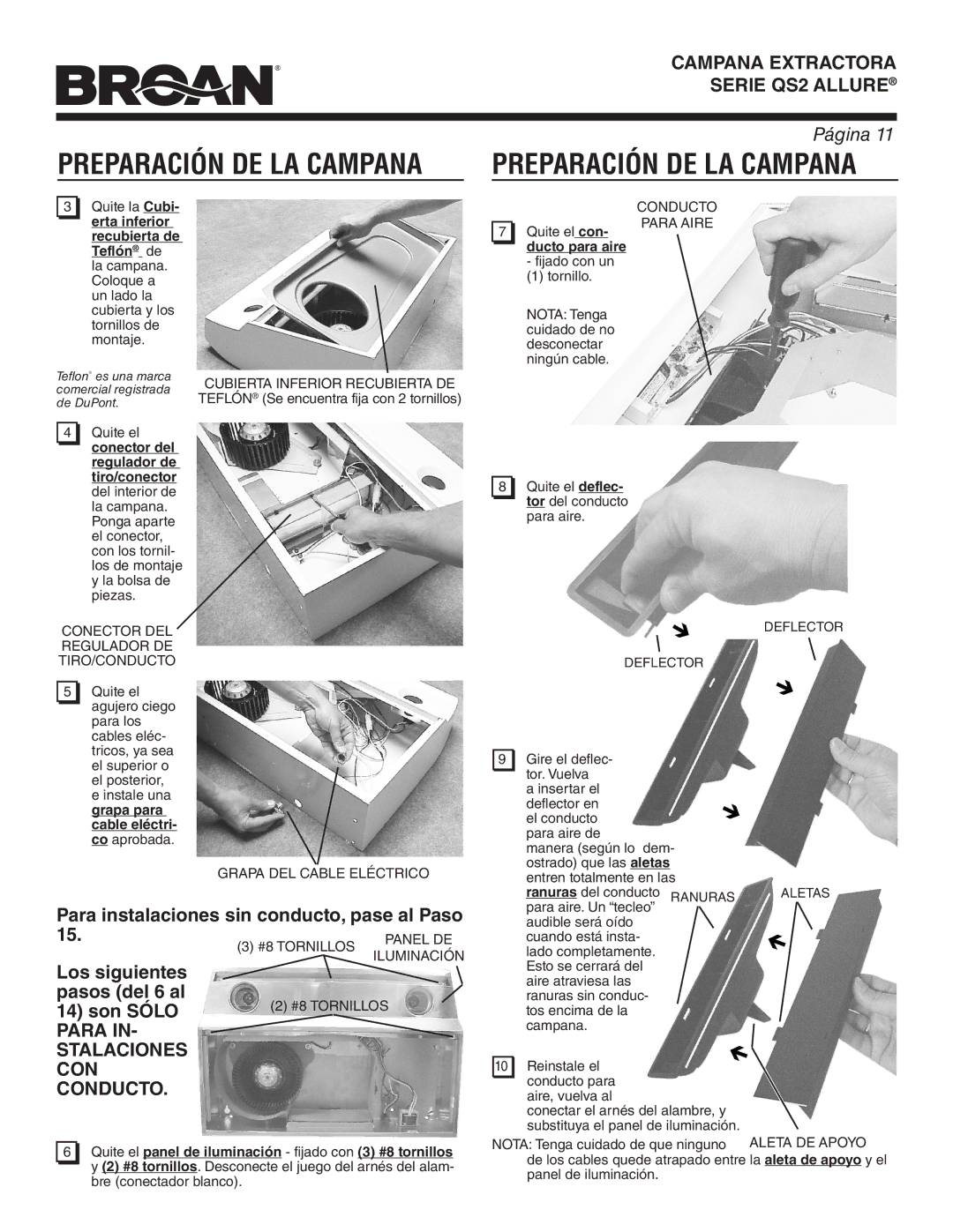 Broan QS236SS Preparación DE LA Campana, Conector DEL Regulador DE TIRO/CONDUCTO, Grapa DEL Cable Eléctrico, Para Aire 