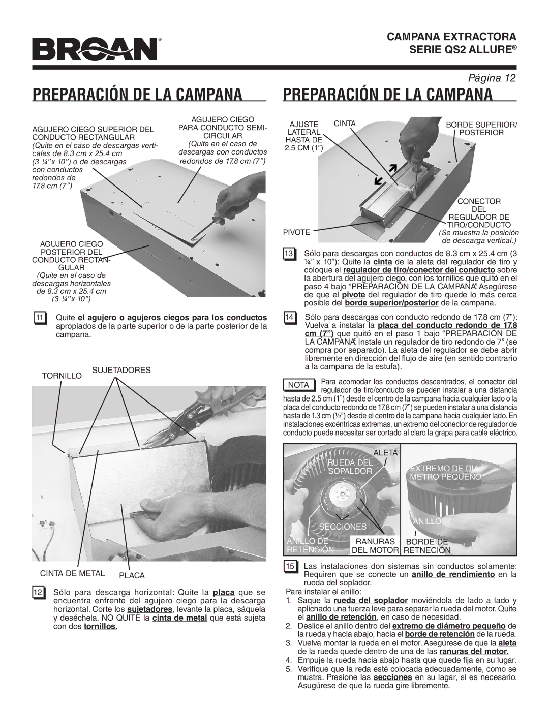 Broan QS236SS manual Quite el agujero o agujeros ciegos para los conductos, Tornillo Sujetadores Cinta DE Metal Placa, Nota 