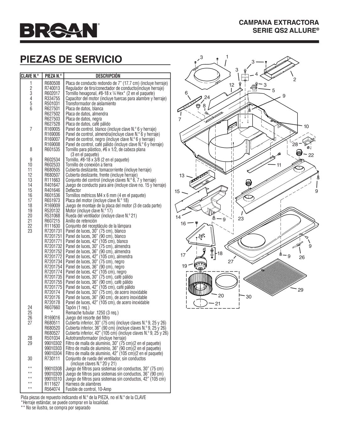 Broan QS236SS manual Piezas DE Servicio, Clave N.º Pieza N.º 