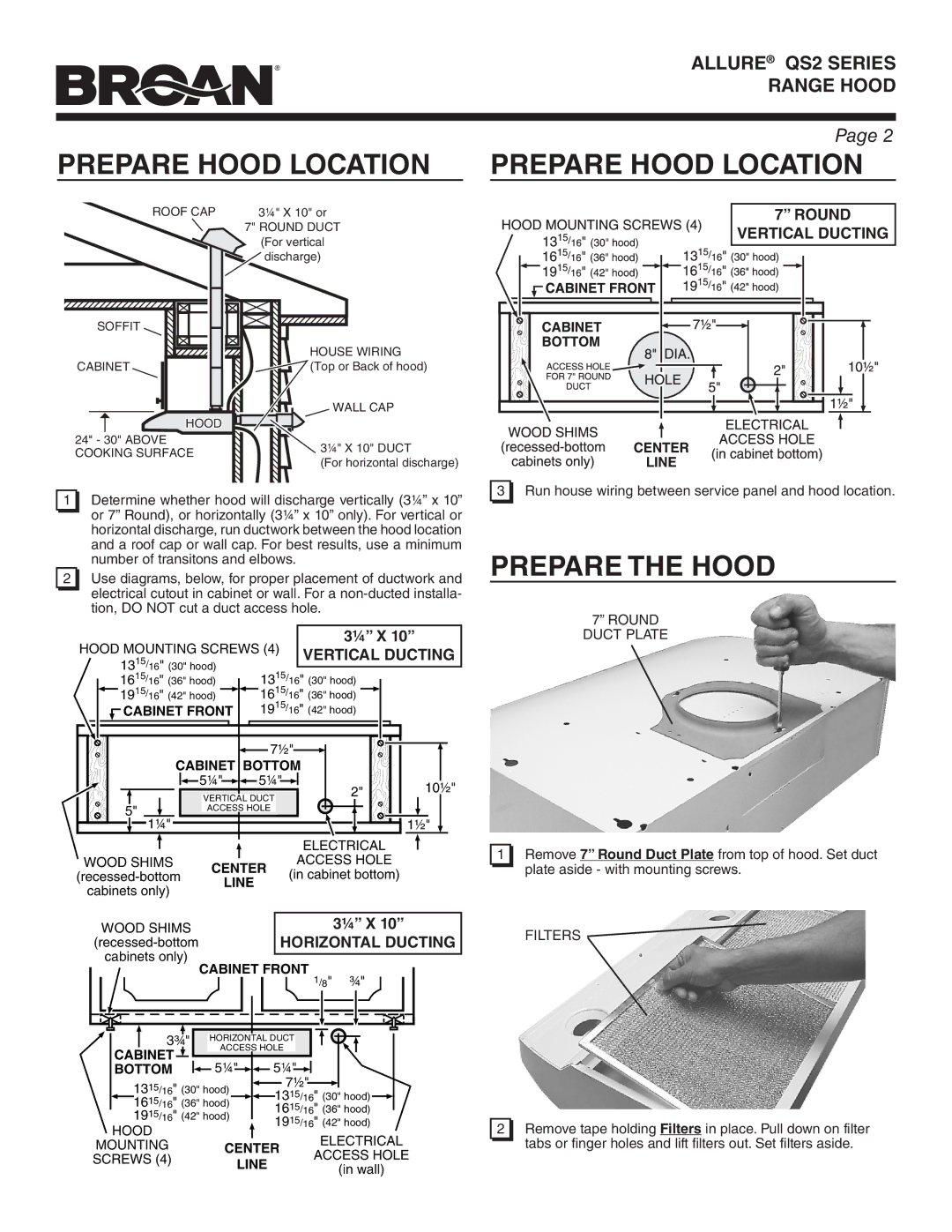 Broan QS236SS manual Prepare Hood Location, Prepare the Hood, ¼ X, Round Duct Plate, Filters 