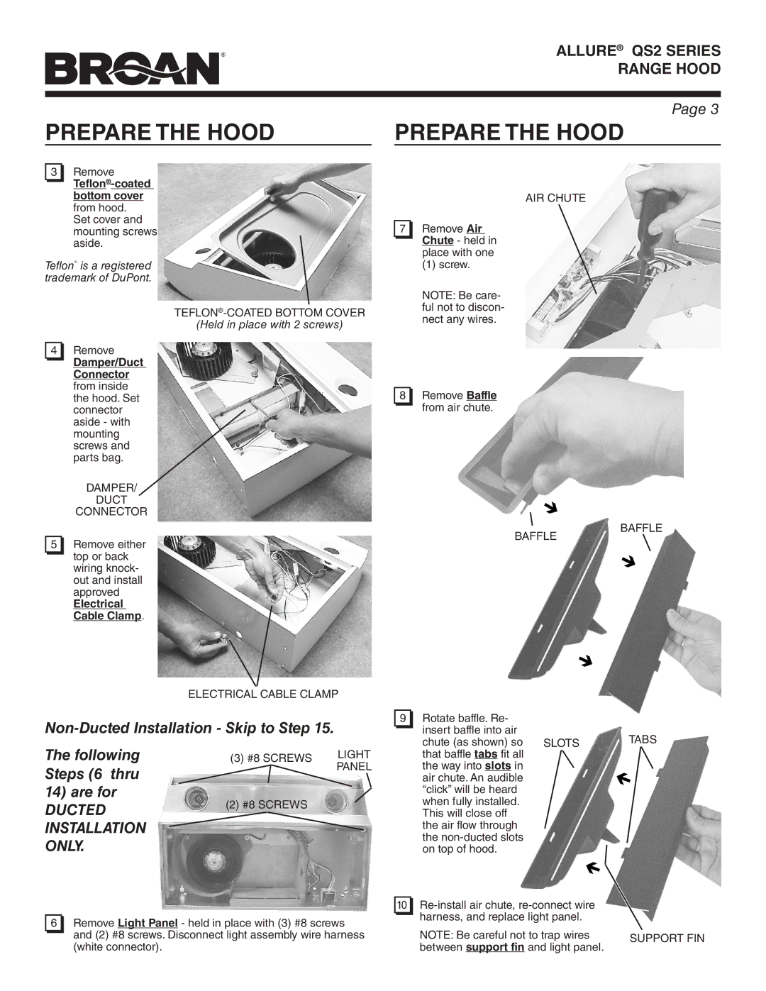 Broan QS236SS manual Teflon-coated bottom cover from hood, Damper/Duct, Connector, Electrical, Cable Clamp 